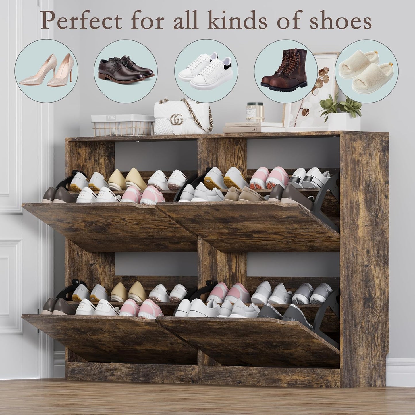 Shoe Cabinet with 4 Flip Drawers, Narrow Hidden Shoe Storage Cabinet, Slim Freestanding Shoe Rack Organizer for Entryway, Hallway, Bedroom, Living Room