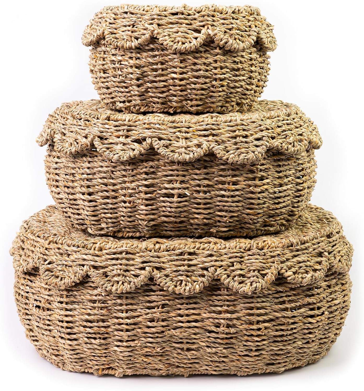 KOLWOVEN Set of 3 Wicker Storage Baskets with Lid - Decorative Handwoven Rattan Baskets for Organizing, Small Hyacinth Storage Boxes with Scalloped Edges, Natural Woven Storage Bins with Lids