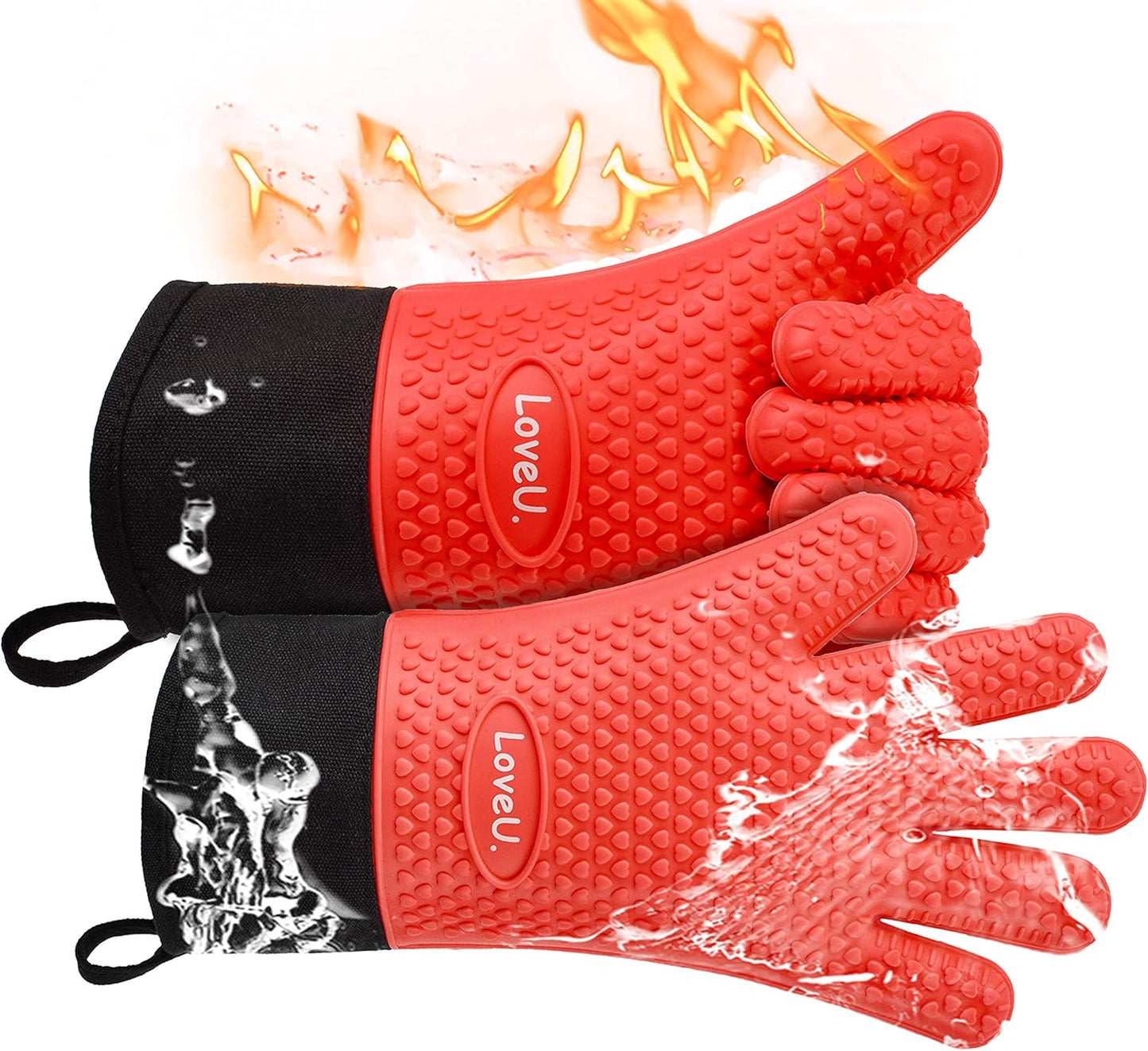 Kitchen Oven Gloves - Dual-Layer Heat Resistant Grilling Gloves, Silicone Oven Mitts with 5 Fingers, Waterproof Non-Slip Pot Holder for Barbecue, Cooking, Baking (XL-XXXL, Red Long)