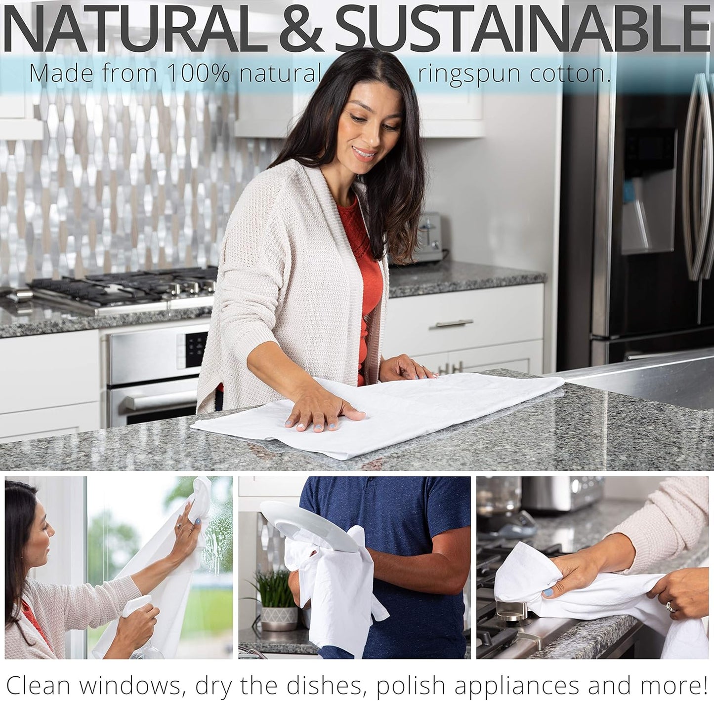 Aunti Em's Kitchen Flour Sack Dish Towels - Natural Cotton for Embroidery and Drying Glass, Hand, Dinnerware - Plain, Thick, Zero-Lint, Highly Absorbent - Set of 12, 27 x 27 Inch, Tuxedo Black