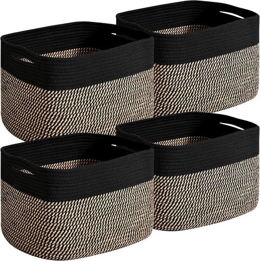 Small Storage Baskets for Organizing Shelves, Cotton Rope Basket for Storage, Cute Rectangular Book Toy Basket, 12.7"×9.1"×7.9", 4 Packs, Black & Jute