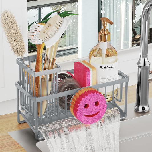 Sponge Holder for Kitchen Sink,Smiley Face Sink Caddy with Removable Brush Holder,Self-Draining Sponge Caddy for Soap,Dish Brush,Scrubber,Kitchen Essentials and Gadgets-Gray
