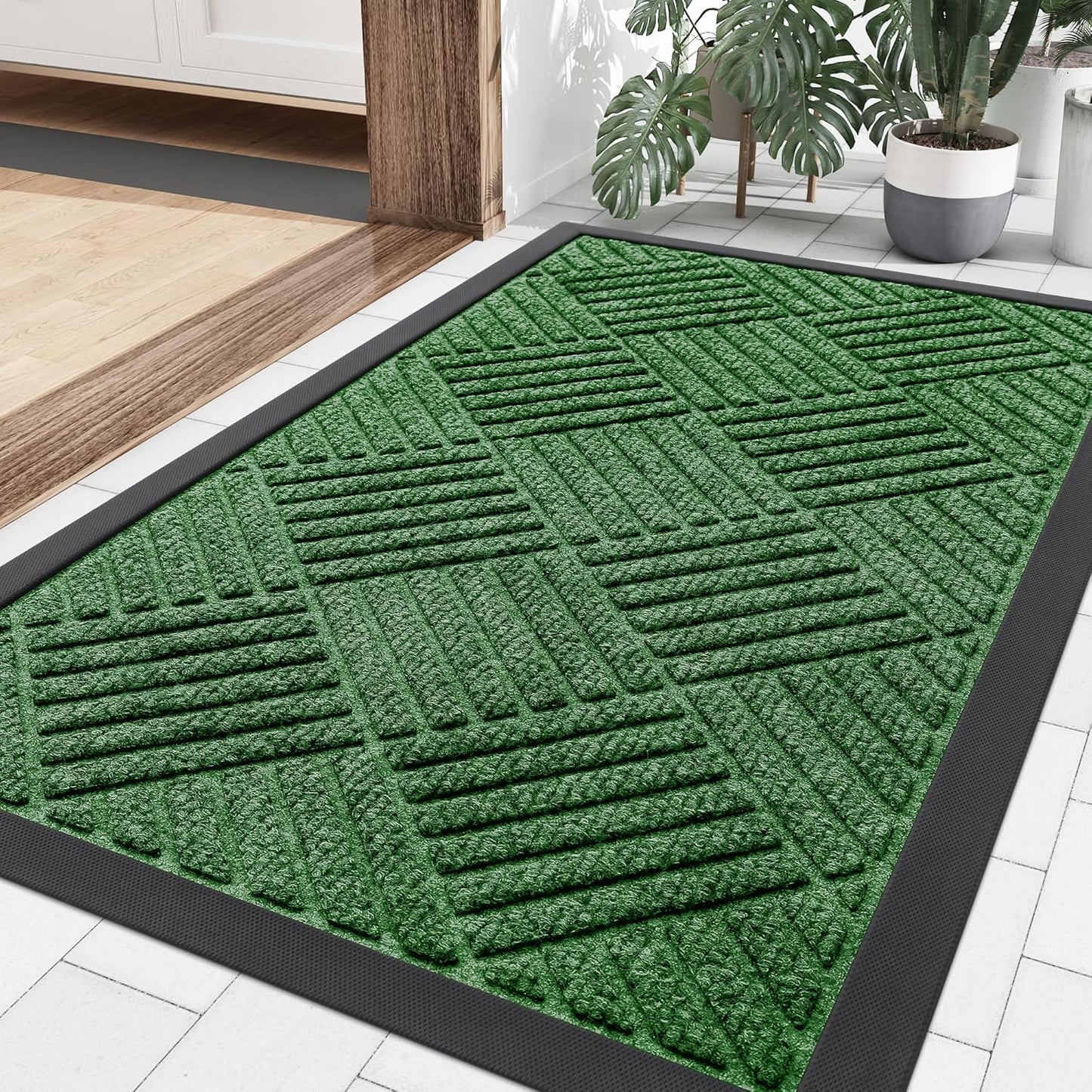 Smiry Front Door Mat Outside Entrance, Heavy Duty Outdoor Indoor Natural Rubber Doormat, Non Slip, Trap Dirt and Moisture, Easy Clean, Low Profile Patio Porch Entryway Mat, 29.5x17, Green