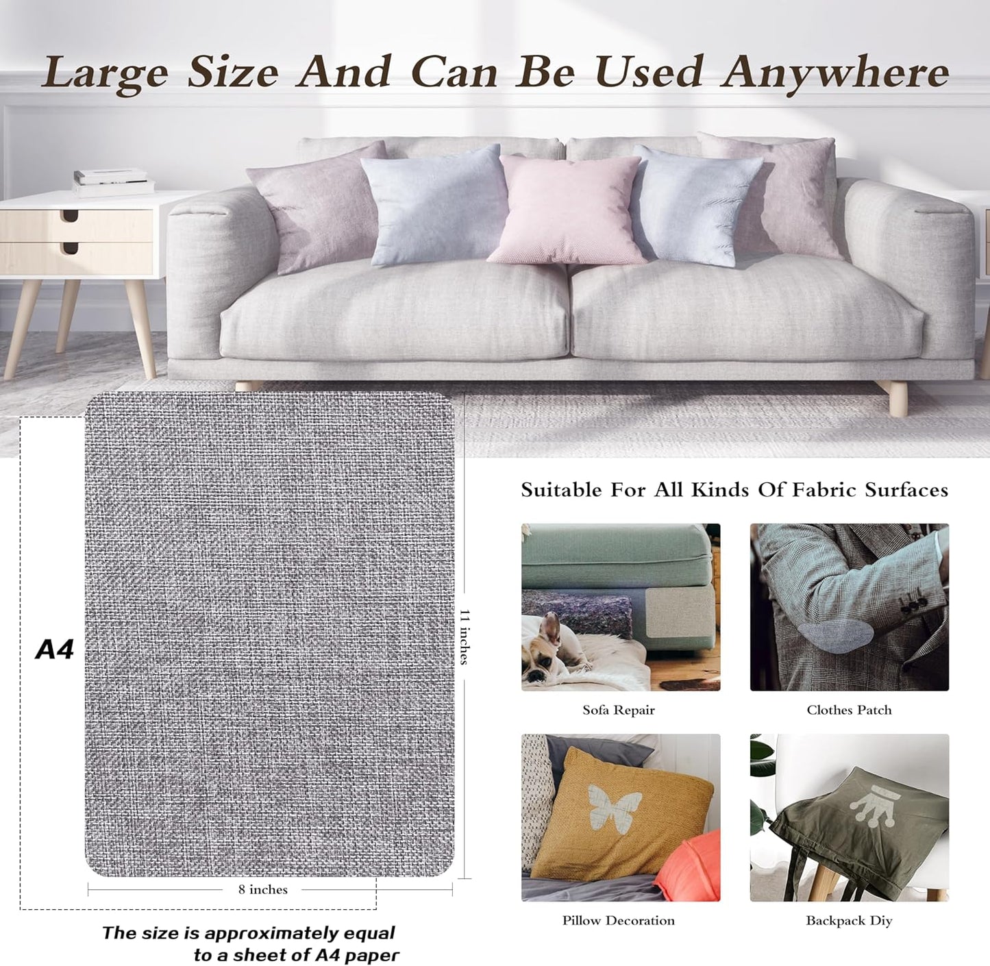 Coarse Linen Repair Patches, Self-Adhesive Linen Fabric Patches, 8X11 inch 2 PCS, Multi Color, Can be Used for Linen Sofa Repair and Linen Clothes Repair(8" x 11"-2PCS,Light Grey)