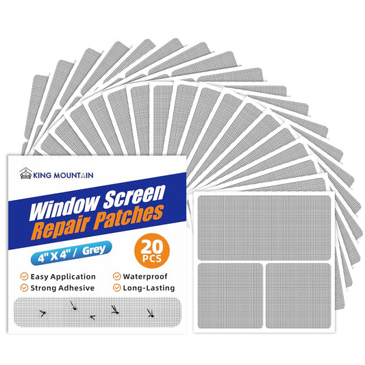 KING MOUNTAIN Grey Window Screen Repair Patch, 20Pcs 4" x 4" Heavy Duty Screen Repair Tape for Window Screen and Screen Door Tears Holes,Strong Adhesive & Waterproof Window Screen Repair Kit