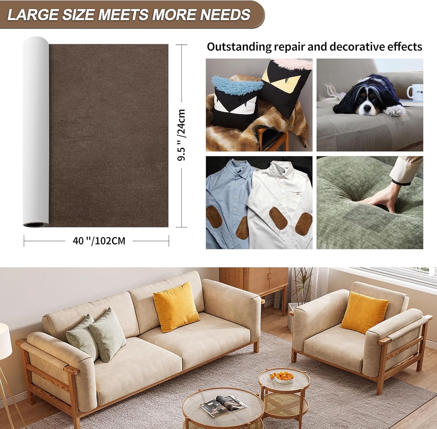 Azobur Sofa Fabric Repair Patch, Oversized Microfiber Patch，Self Adhesive Fabric Sofa Patch Repair Fabric,Super Cost-Effective Combination (Dark Brown)