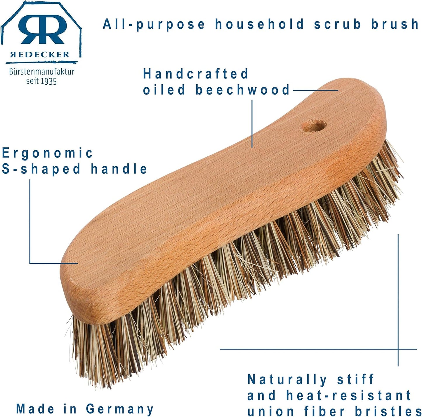 REDECKER S-Shaped Union Fiber Scrub Brush with Oiled Beechwood Handle, 8-1/4 inches, S-Shaped Easily Reaches Corners, Made in Germany - Wood Scrub Brush - Wooden Cleaning Brush