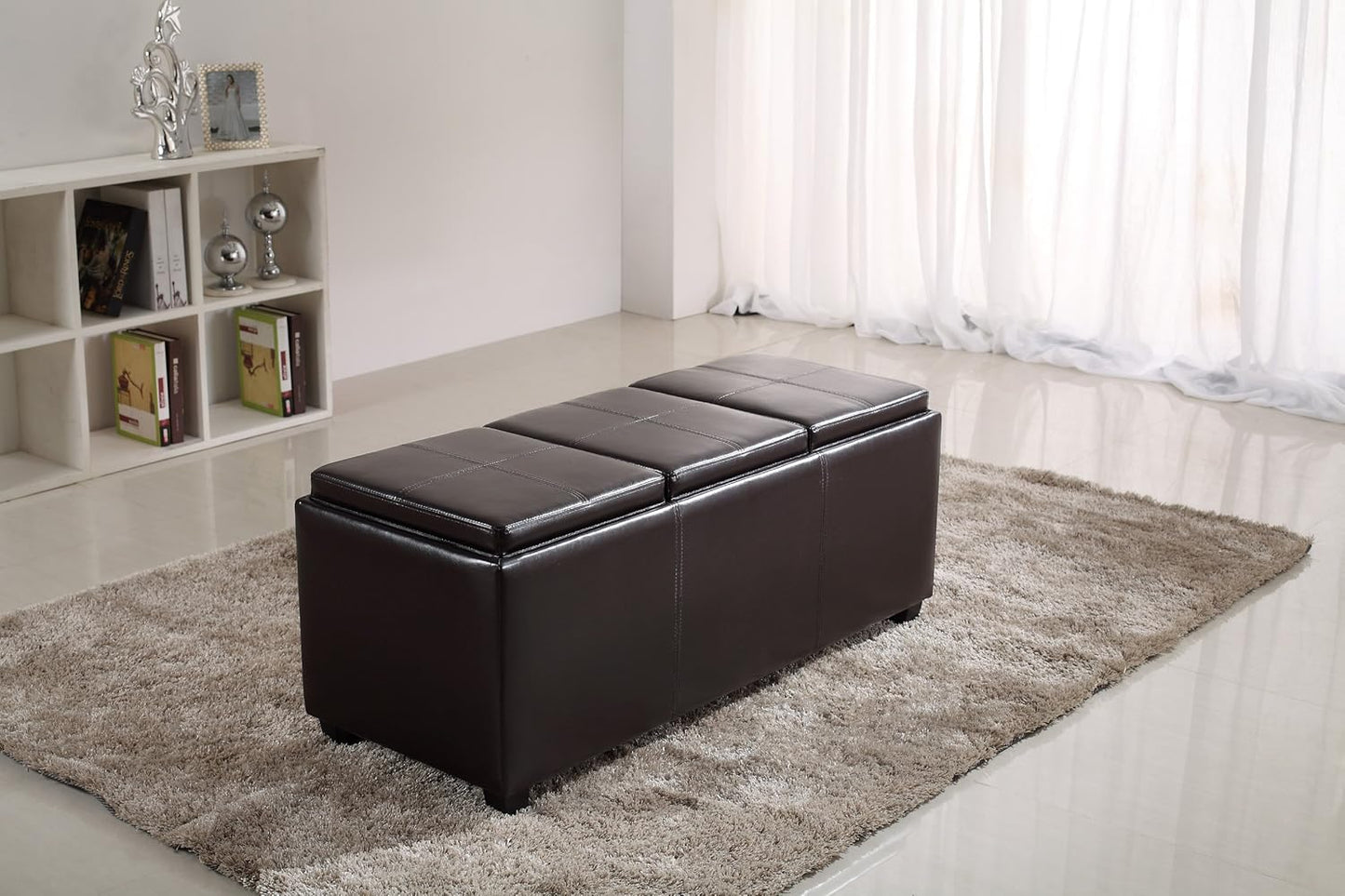 SIMPLIHOME Avalon 42 inch Wide Contemporary Rectangle Storage Ottoman in Tanners Brown Vegan Faux Leather, Assembled, for the Living Room, Entryway and Family Room