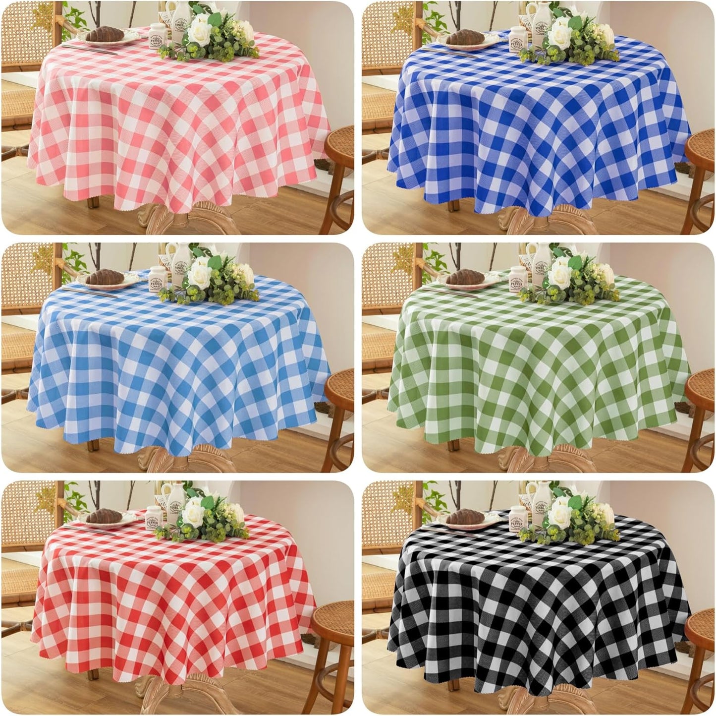 Waterproof Plaid Tablecloth Fabric - Round 58 Inch Classic Gingham Checker Table Cloth for Indoor/Outdoor Use - Buffalo Table Cover for Picnics, BBQs, and Parties