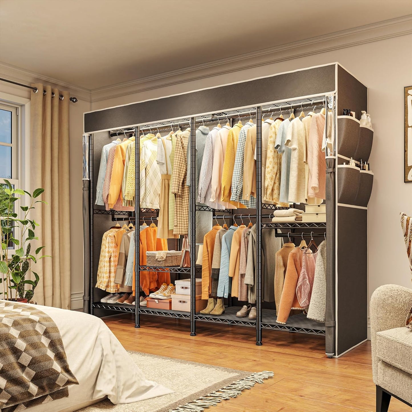 Raybee Clothes Rack with Cover,1150LBS Heavy Duty Clothing Rack for Hanging Clothes,Adjustable Portable,18" D x 76" W x 77" H,Black