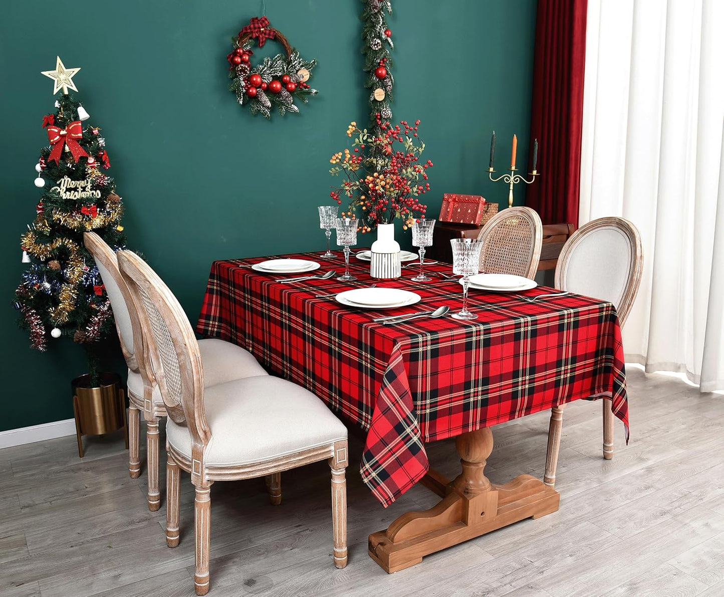 Waterproof Tartan Checkered Tablecloth Fabric - Rectangle 58x84 Inch Christmas Plaid Table Cloth for Indoor/Outdoor Use - Xmas Table Cover for Kitchen, BBQs, and Parties