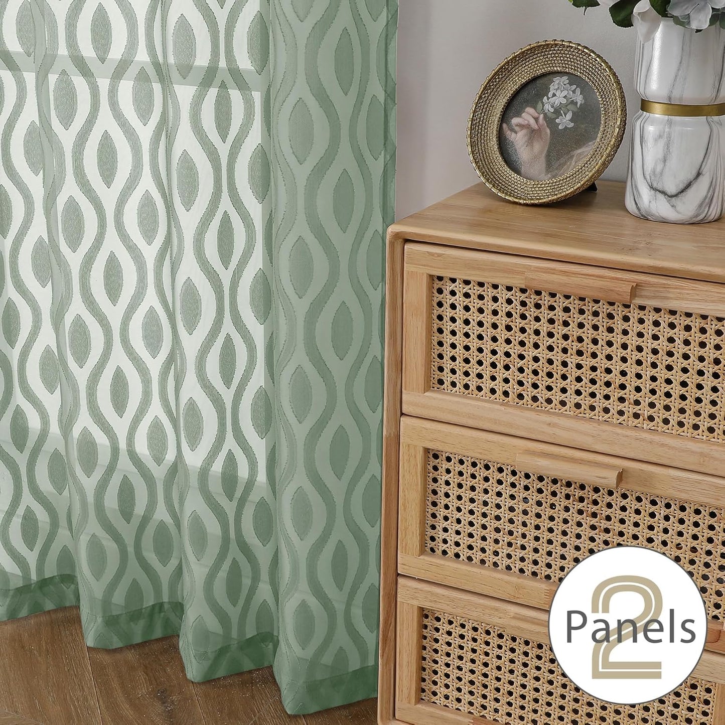 Aiyufeng Sheer Green Curtains 54 Inch Length 2 Panels, Soft Lightweight Clip Jacquard Textured Farmhouse for Bedroom, Modern Wavy Line Voile Sheer for Living Room, 40" Wx54 L Inches