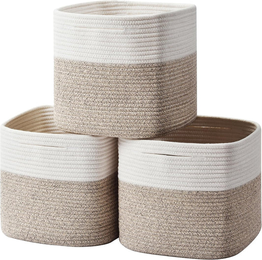 3 Pack Storage Cubes 11 Inch Cotton Rope Woven Baskets for Organizing Cube Bin Square Shelves Organizer,Classroom,Kids Toy Bins,Closet,Baby Nursery(Brown)