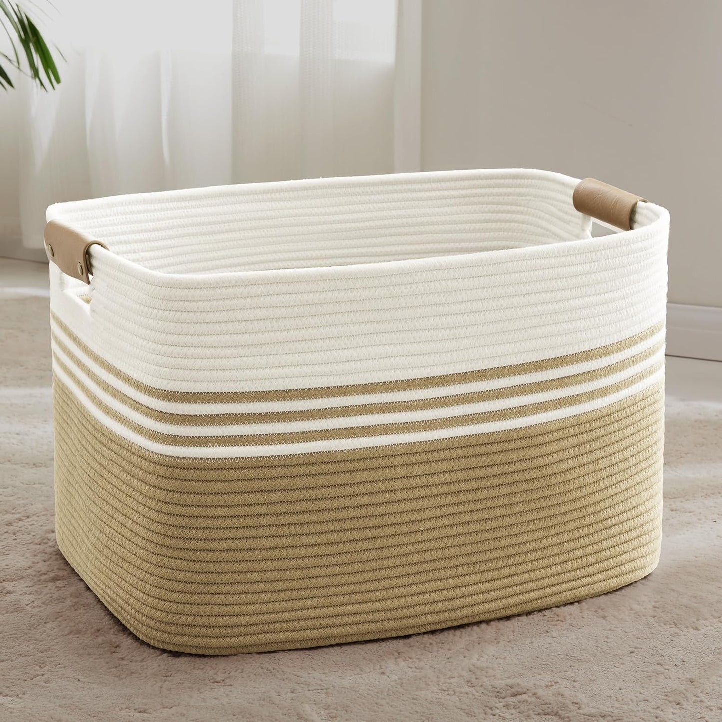 86L Extra Large Laundry Basket with Leather Handles for Living Room Storage, Woven Rope Baskets for Blanket, Kids Toy, Gifts, Wicker Hamper for Bedroom Dirty Clothes, 24"x16"x14" Khaki