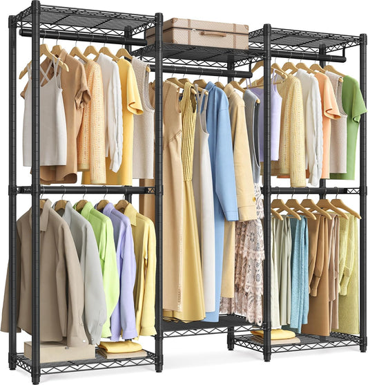 SONGMICS Heavy-Duty Clothes Rack, Garment Rack, Portable Closet, 56.9-Inch Wide Clothing Rack, with Adjustable Mesh Shelves and Hanging Rails, Ink Black ULGR432B01