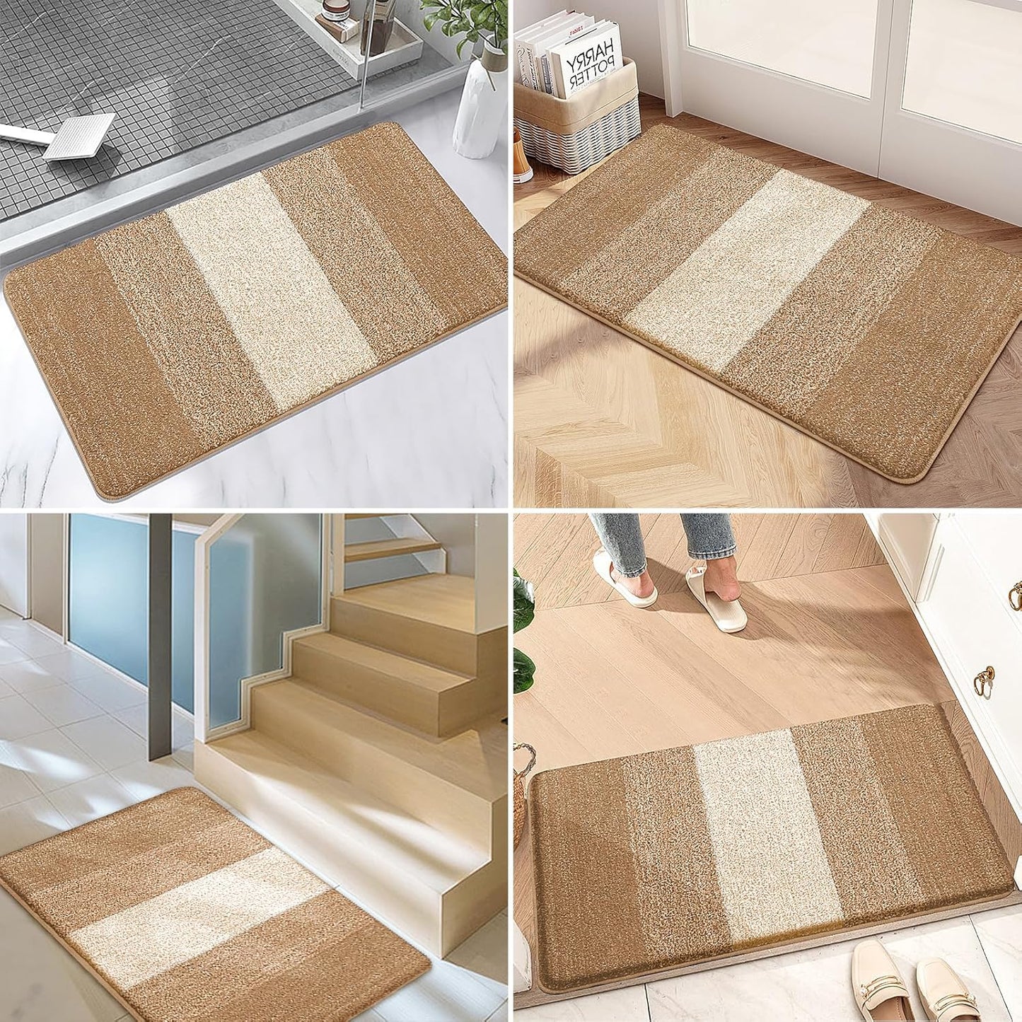 Kitinjoy Indoor Outdoor Door Mat, 32x20 Non-Slip Absorbent Dirt Trapper, Low-Profile Washable Inside Entrance Front Floor Mat, Sturdy Soft Entry Doormats for Entryway, Camel