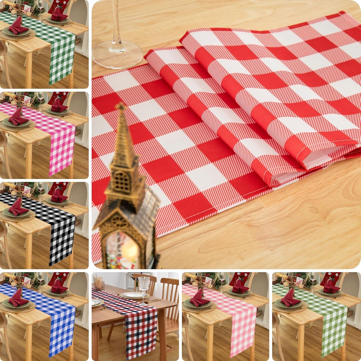 Waterproof Checkered Tablecloth Runner Fabric - Rectangle 12x108 Inch Classic Gingham Buffalo Plaid Table Cloth for Indoor/Outdoor Use - Table Cover for Kitchen, BBQs, and Parties