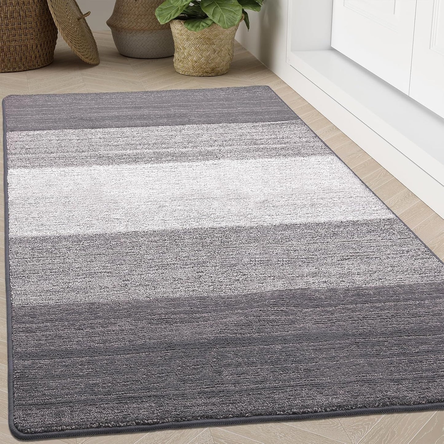 Kitinjoy Indoor Outdoor Door Mat, 71x47 Non-Slip Absorbent Dirt Trapper, Low-Profile Washable Inside Entrance Front Floor Mat, Sturdy Soft Entry Doormats for Entryway, Light Grey
