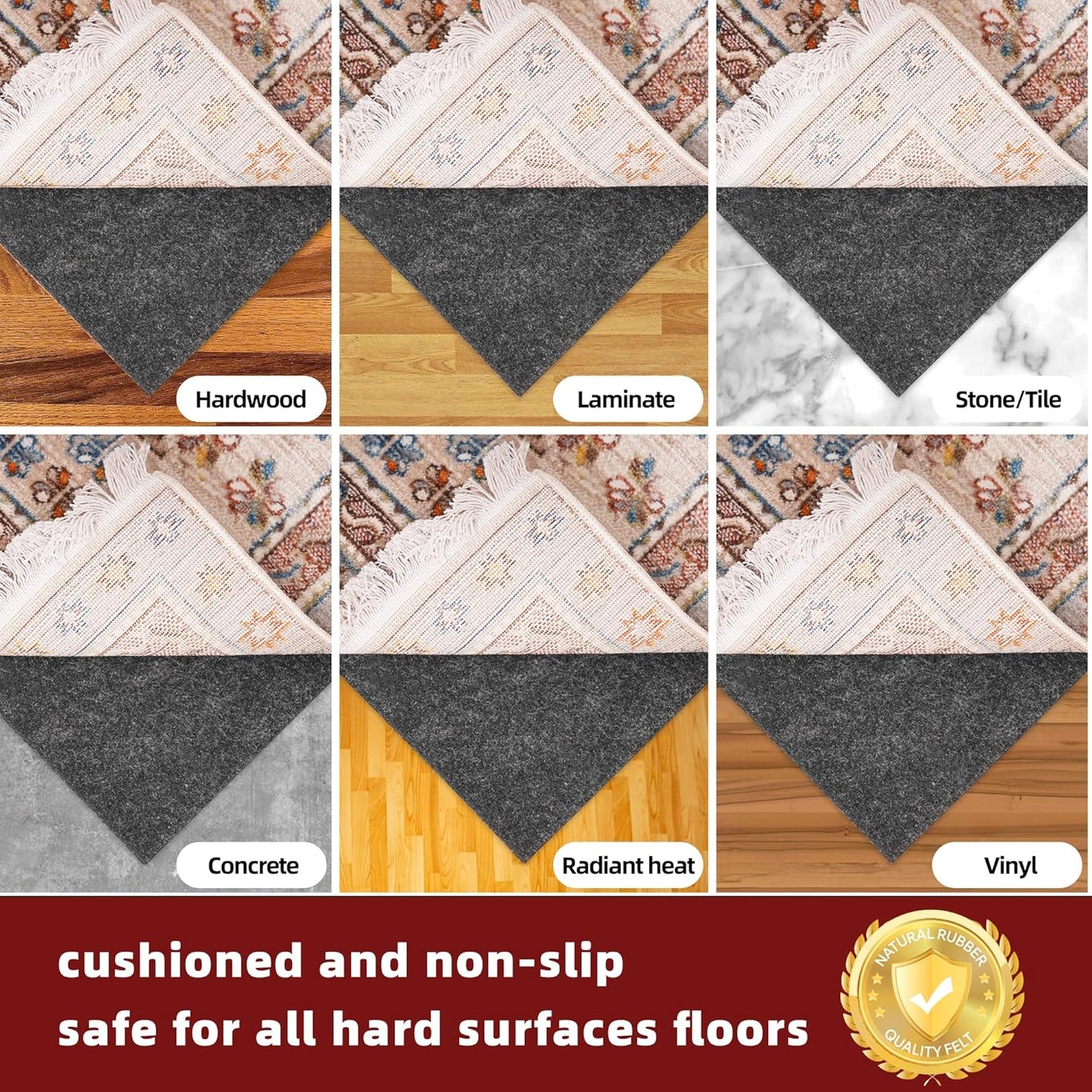 BAGAIL Felt and Natural Rubber Backing Rug Pads 1/4” Thick, 5 x 7 Ft Non Slip Carpet Gripper Keep Rugs in Place, Under Area Rug Protective Cushioned Pads, Carpet Runners, Hardwood Floors Protection