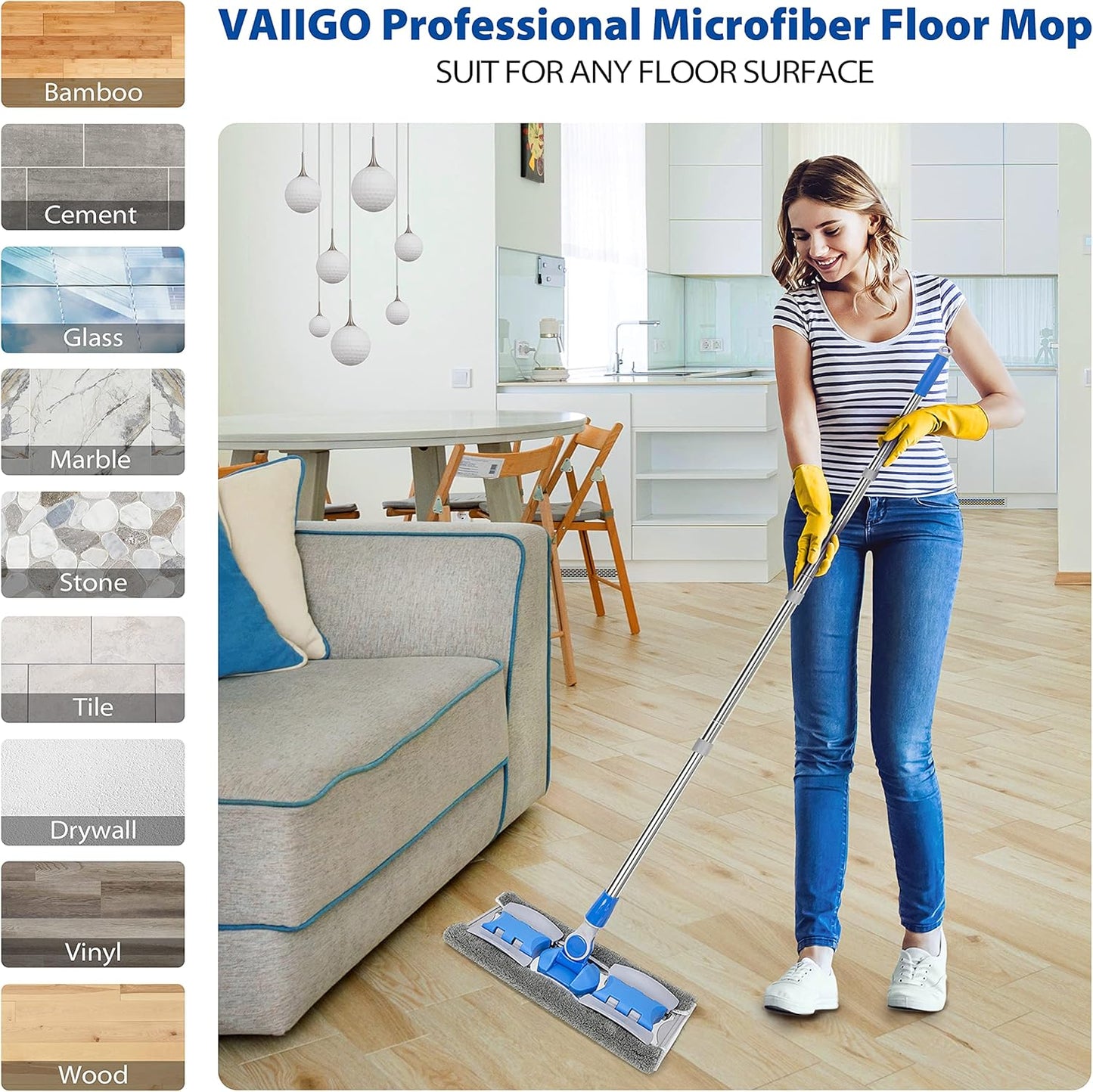 Professional Microfiber Hardwood Floor Mop, Flat Mops with 5 Pieces Reusable Washable Pads for Home and Office Wet or Dry Floor Cleaning (Sky Blue)