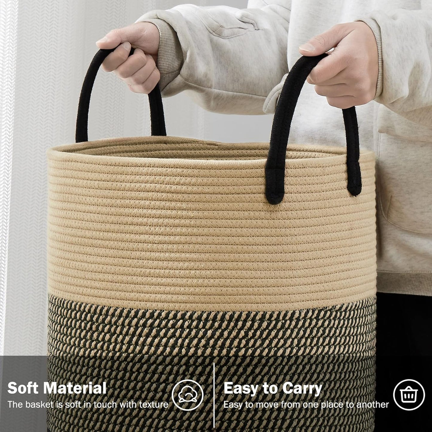 YOUDENOVA Woven Rope Laundry Hamper Basket, 58L Tall Laundry Basket for Blanket Organizer- Clothes Hamper for Bedroom Storage, Baby Kids Nursery Hamper-Large-Black & Brown