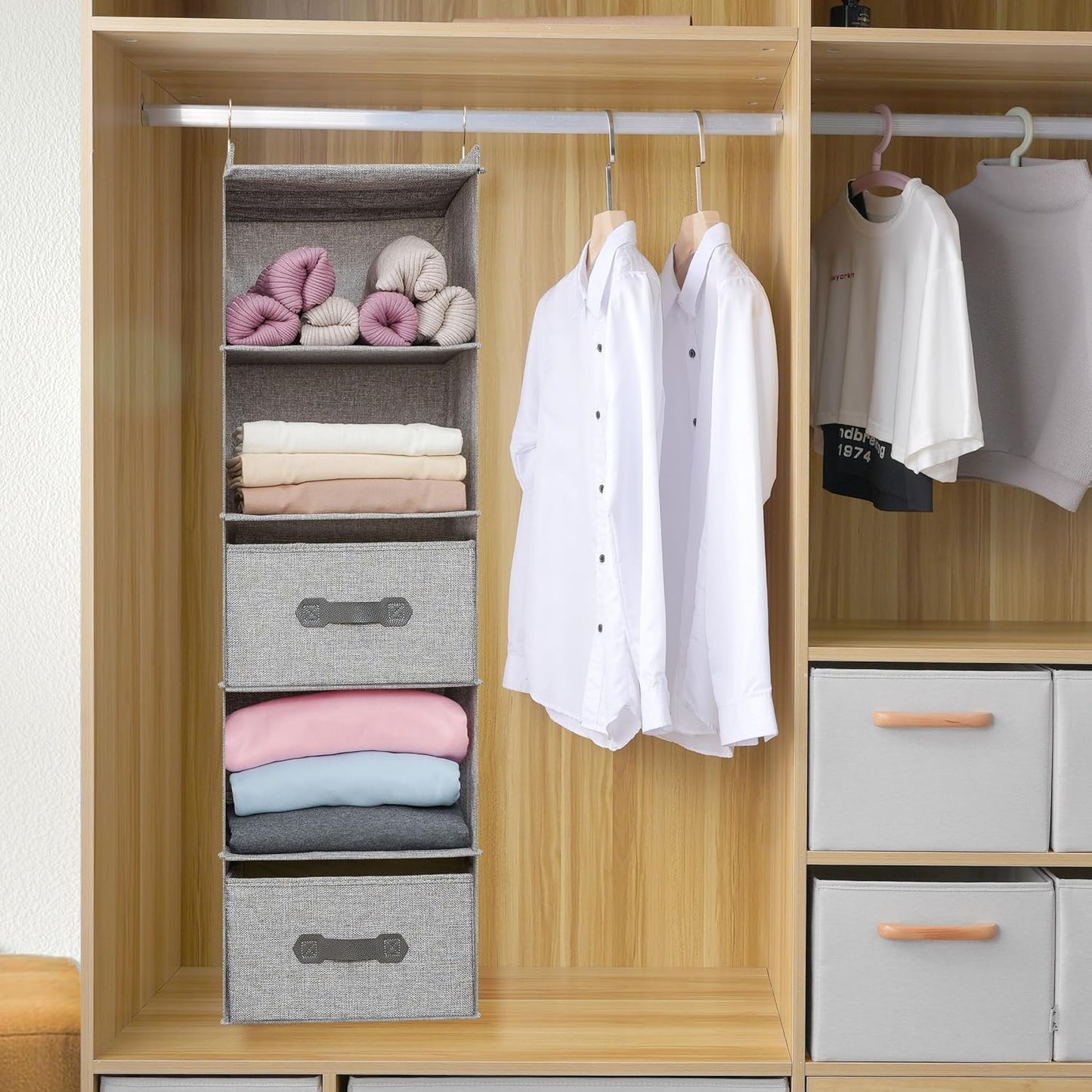 Large Hanging Sweater Organizer for Closet,Collapsible 6-Shelf Hanging Closet Shelves with Drawers, Washable (Grey-5 Shelf-2 d)