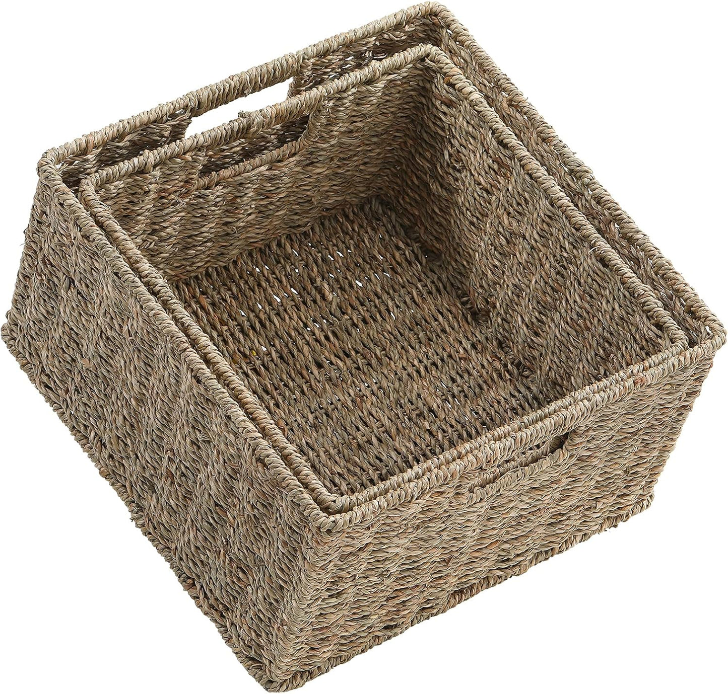 HOONEX Wicker Storage Baskets for Organizing, Decorative Woven Seagrass Baskets for Storage with Carrying Handles, Set of 2, Natural