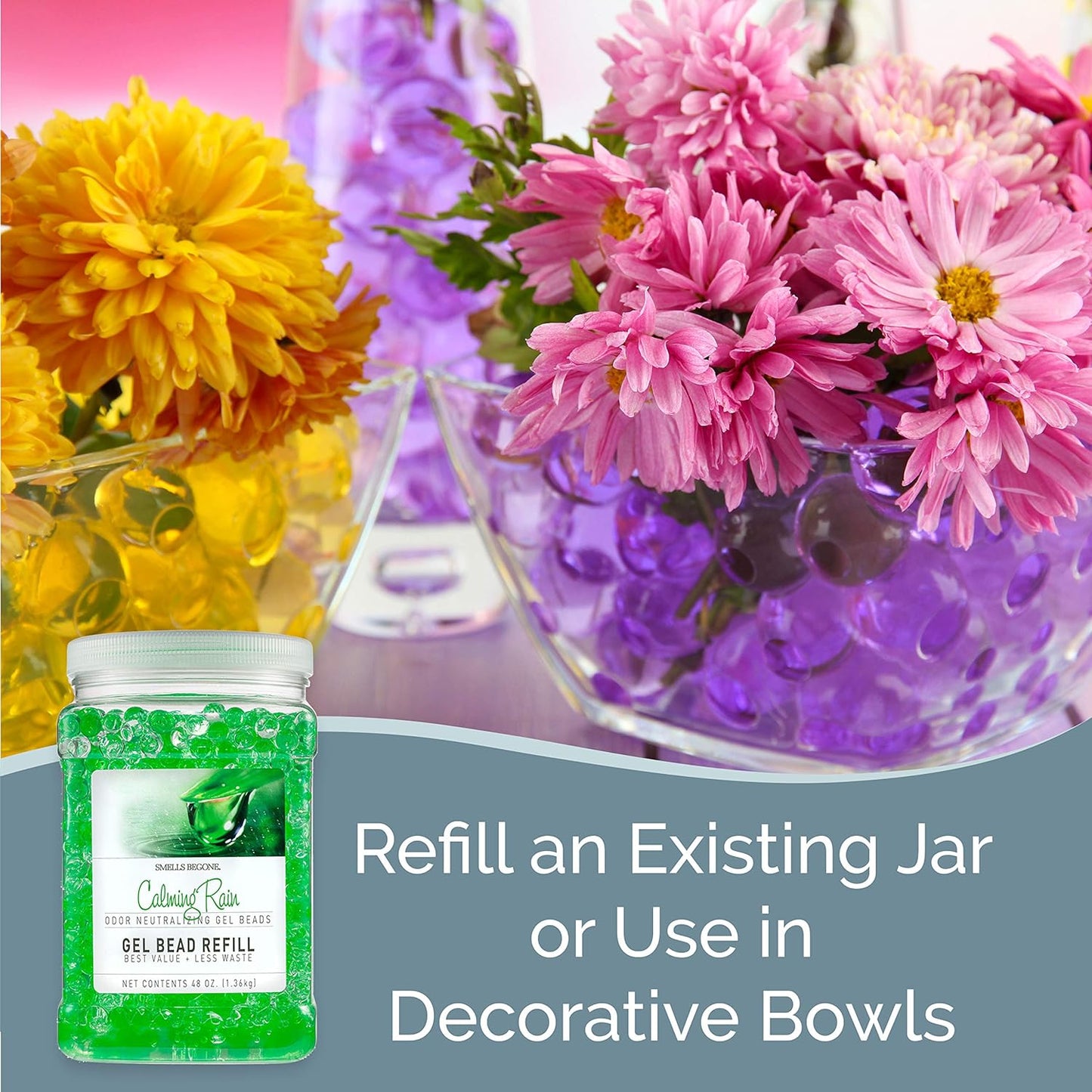 SMELLS BEGONE 48 oz Odor Eliminator Gel Bead Refill - Odor Eliminator for Bathrooms, Cars, Boats, RVs & Pet Areas - Made with Essential Oils - Calming Rain Scent