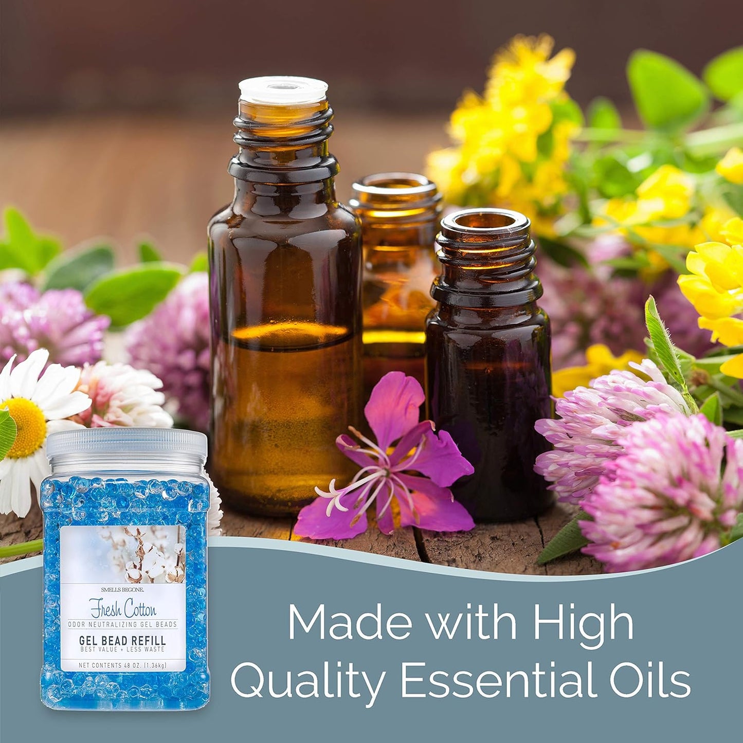 SMELLS BEGONE 48 oz Odor Eliminator Gel Bead Refill - Eliminates Odors from Bathrooms, Cars, Boats, RVs & Pet Areas - Made with Essential Oils - Fresh Cotton Scent