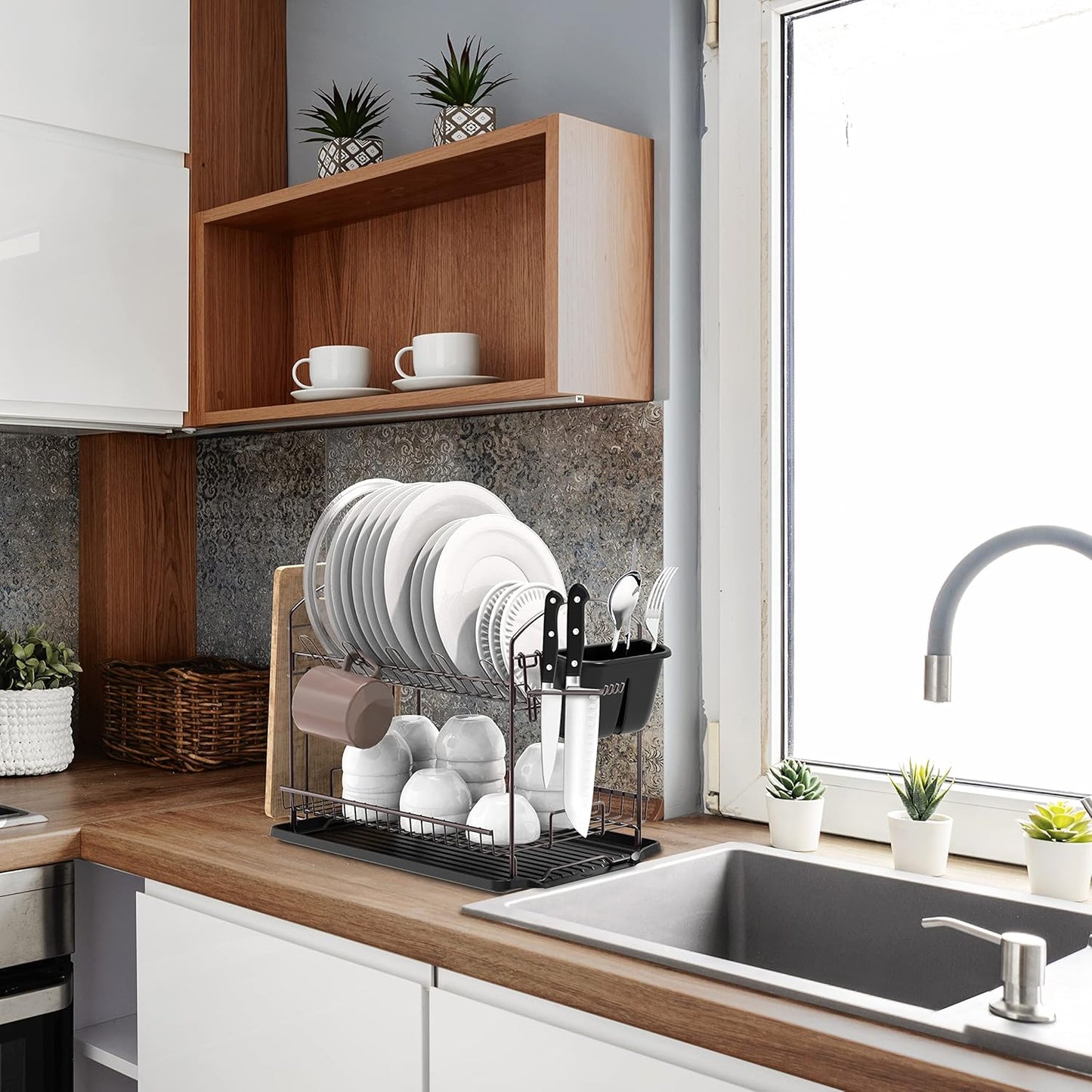 SIMPLE HOUSEWARE 2-Tier Dish Rack with Drainboard, Bronze