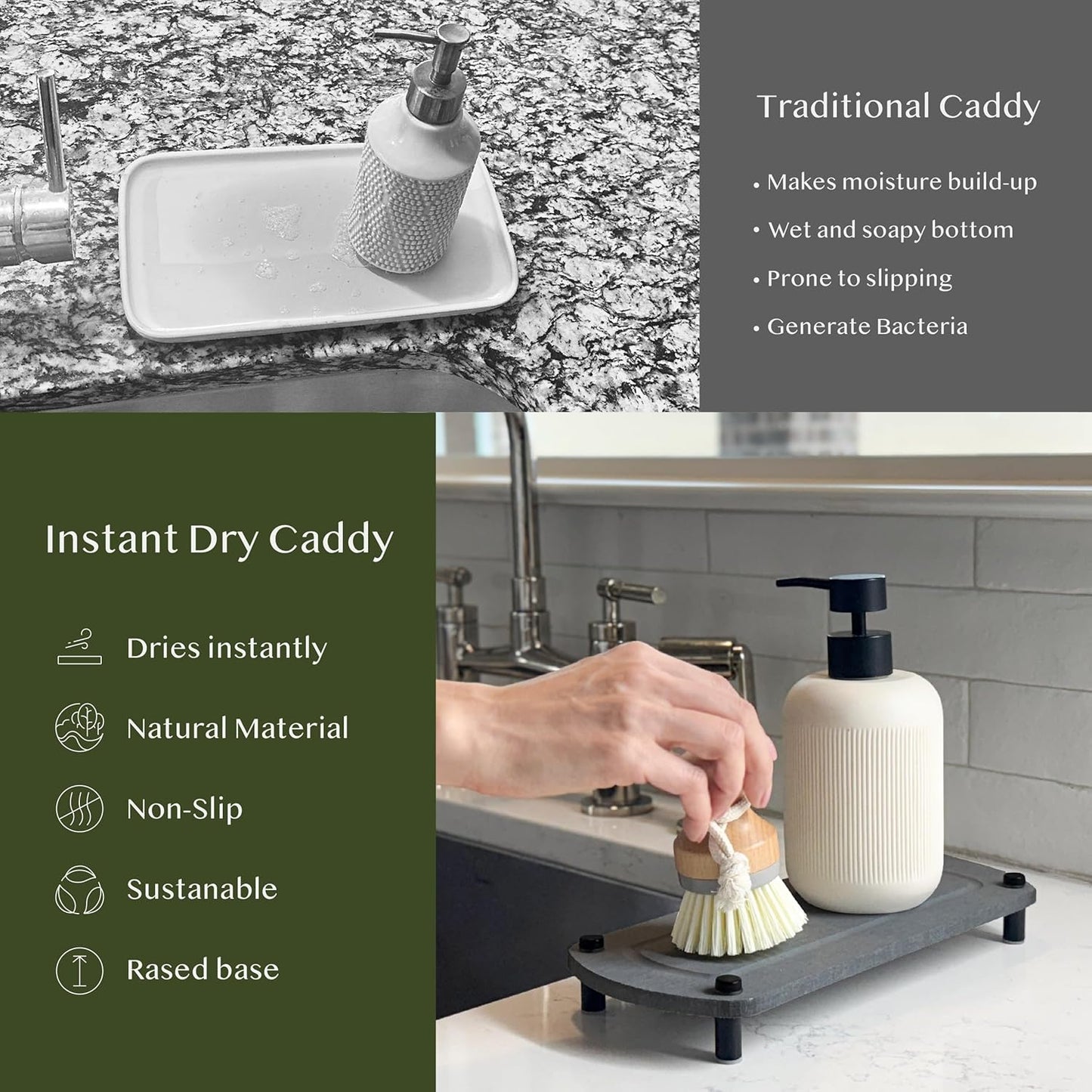 2PCS Instant Dry Sink Caddy Organizer, Fast Drying Sponge and Soap Dispenser Holder for Kitchen and Bathroom Countertop, Stainless Steel Feet, and Non Slip Bottom Dark Gray