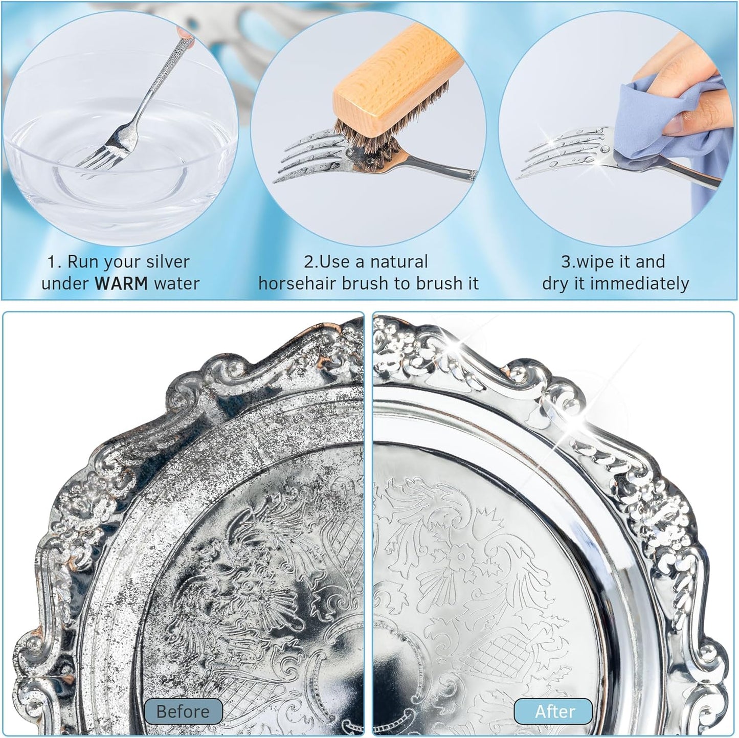 BFWood Horsehair Silver Brush - 2PCS Detailing Brush Set for Silverware - Jewelry Cleaning Brushes for Sterling, Cutlery, Metal - Perfect Match for Silver Polish