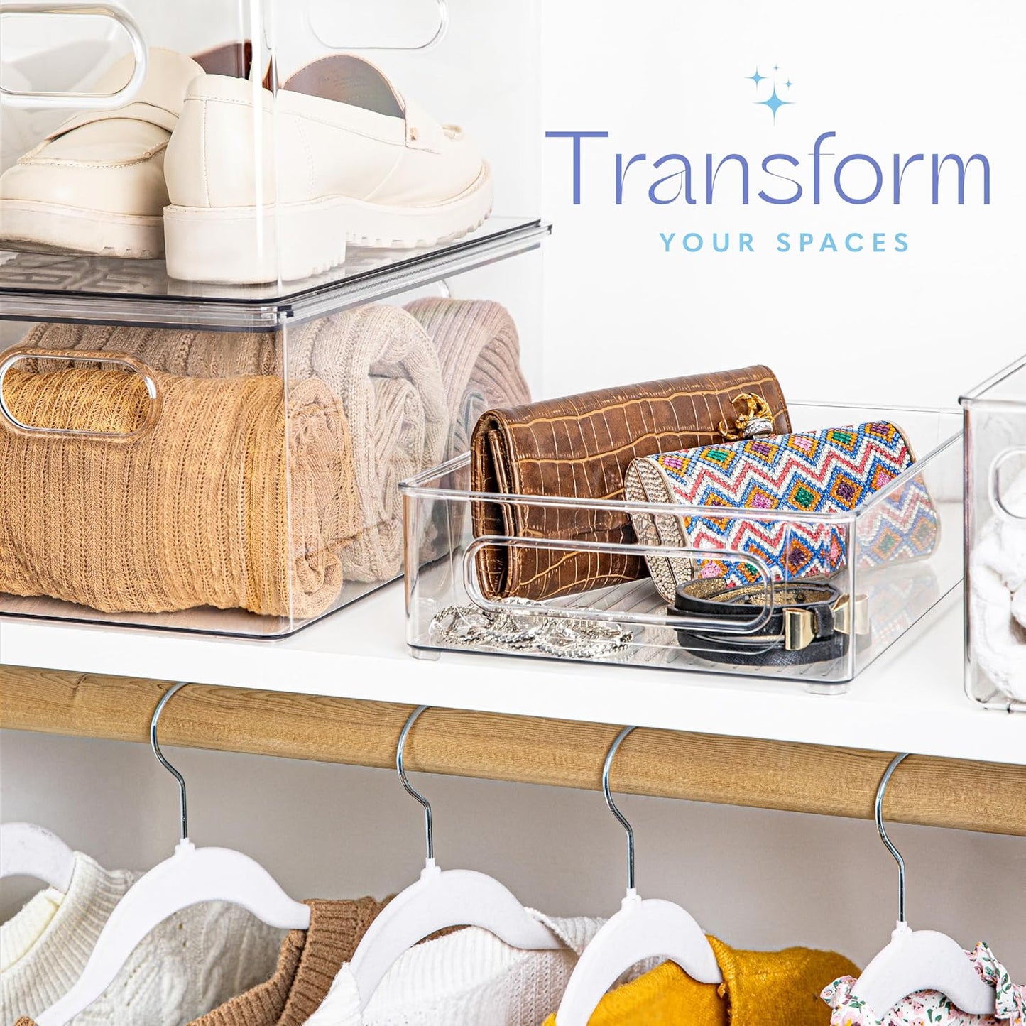 Plastic Food Storage 6 Pack Clear Container Bin with Handles for Organizing Kitchen, Pantry, Refrigerator, Freezer, Pantry, Cabinet, Closet, Bathroom. Stackable 10”x8”x3”