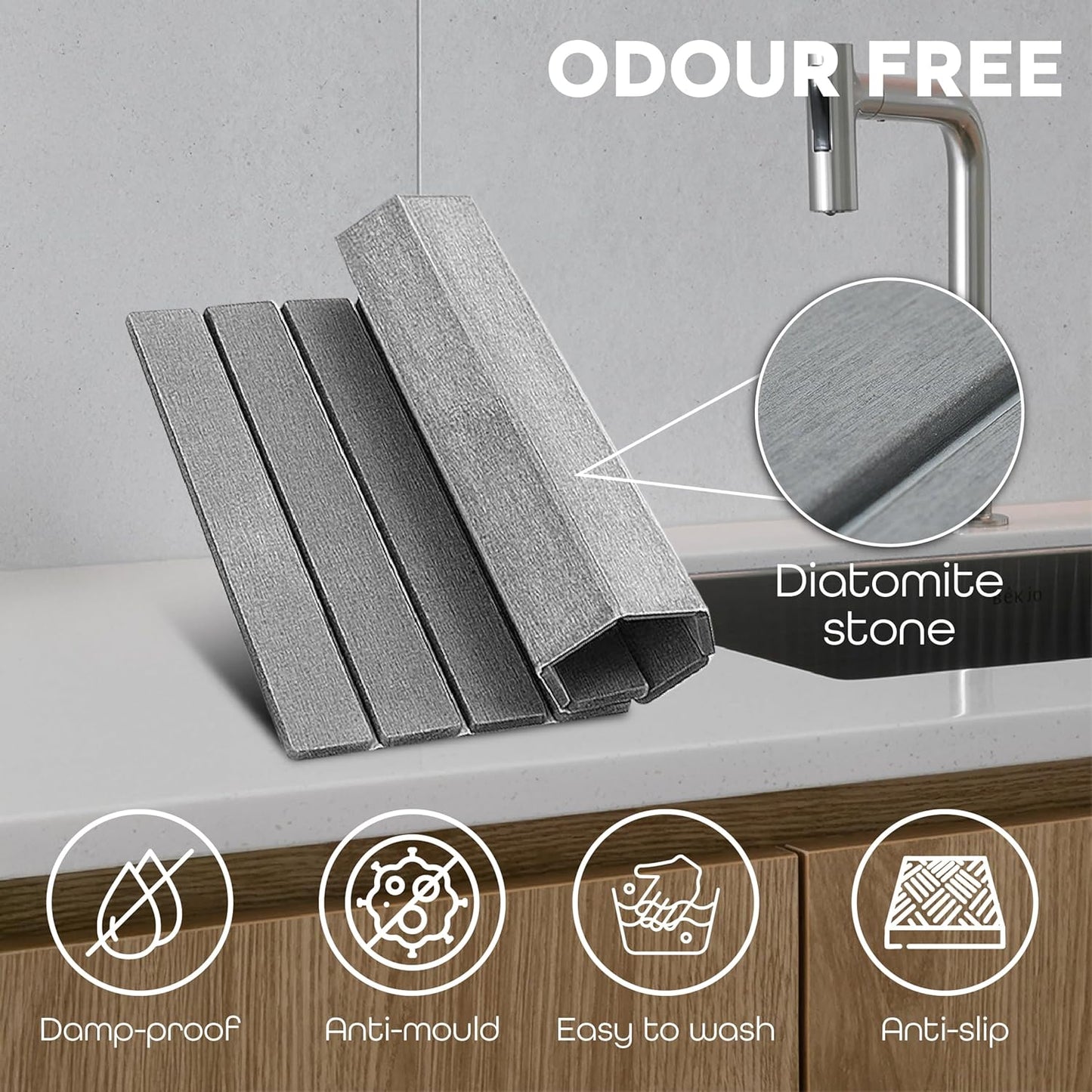 Large Stone Dish Drying Mats for Kitchen Counter, Foldable Quick Drying Mats, Eco-Friendly, diatomaceous earth bath mat, tapete de piedra absorbente para cocina 24" L x 16" W Inches (DARK GREY, LARGE)