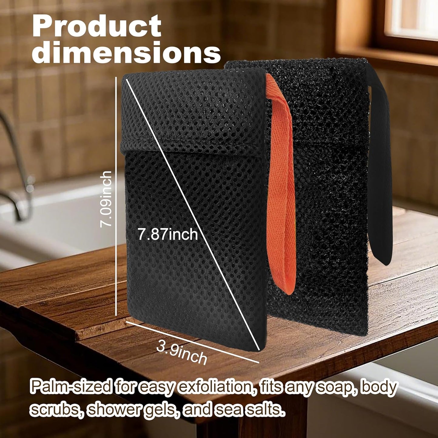 2 Pack Soap Bag Different Roughness Deep and Gentle,Bar Soap Pouch Saver Pocket,Body Scrubber Shower Sponge Loofah,Exfoliating Bath Sponge (Black)