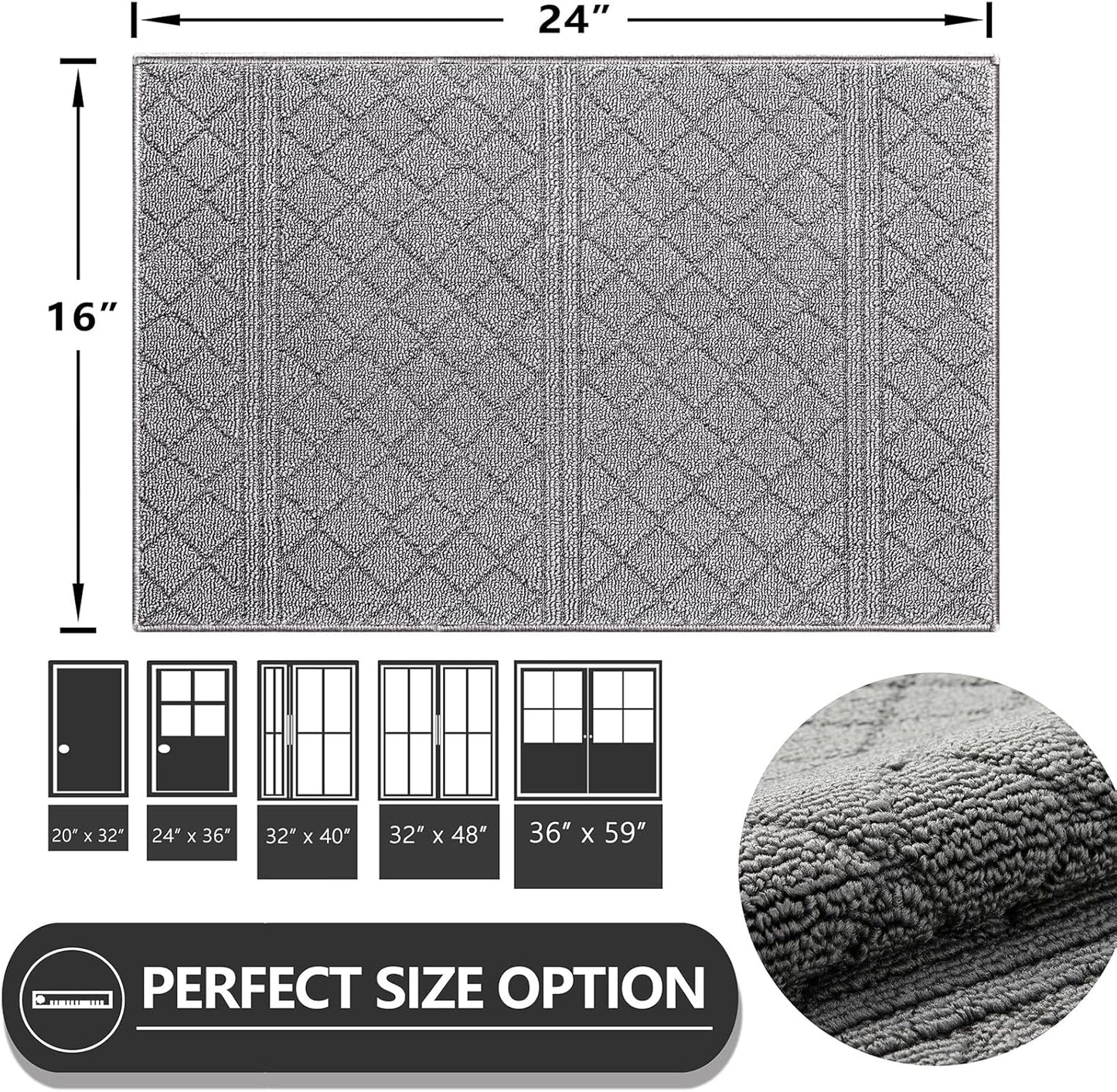 REFETONE Indoor Doormat, Front Back Door Mat 16"x24" Absorbent Rubber Backing Non Slip Door Mats, Low-Profile Resist Dirt Rugs, Machine Washable Door Rug Inside Floor Mat for Entryway, Light Grey