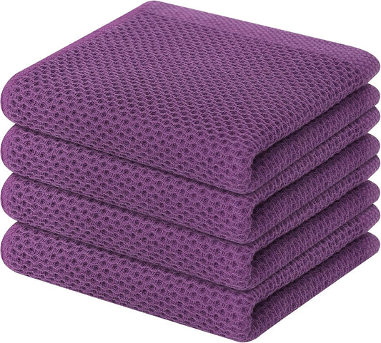 Homaxy 100% Cotton Waffle Weave Kitchen Dish Towels, Ultra Soft Absorbent Quick Drying Cleaning Towel, 13 x 28 Inches, 4-Pack, Purple