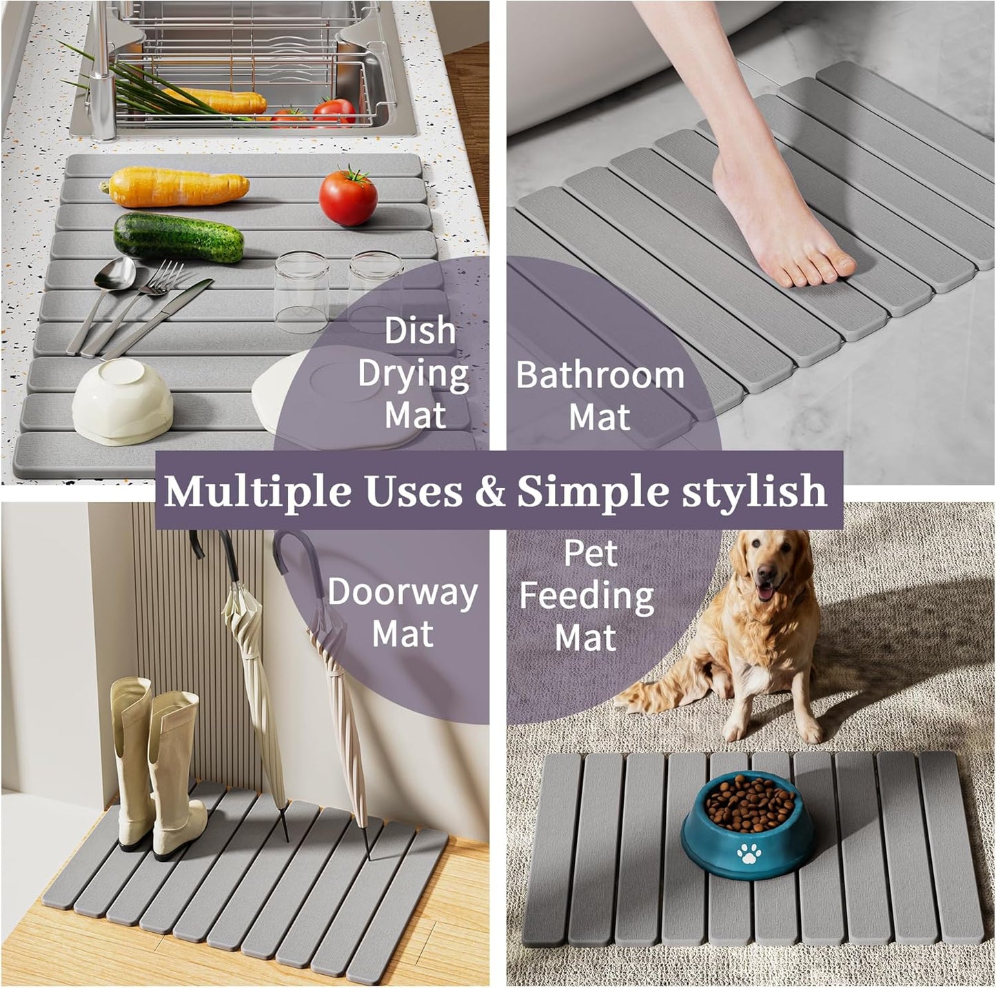 Large Stone Dish Drying Mats for Kitchen Counter – Foldable Quick Dry Stone Mat with Non-Slip Pad & Sandpaper, Super Absorbent Diatomaceous Earth Mat for Dishes and Cups(Ligh Gray 23.5"x15.5")