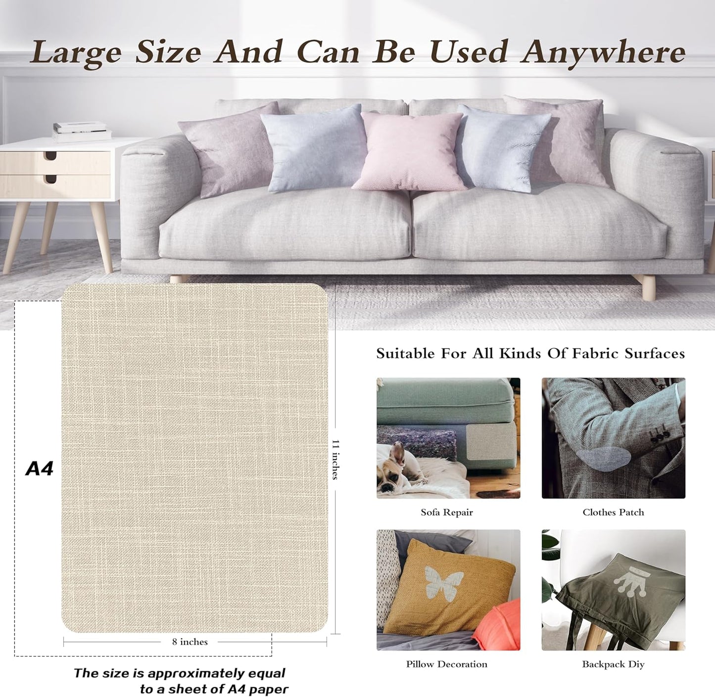 KING MOUNTAIN Fine Linen Fabric Patches, Self-Adhesive, 8x11 inch Extra Size, Multi Color, For Linen Sofa and Clothes Repair