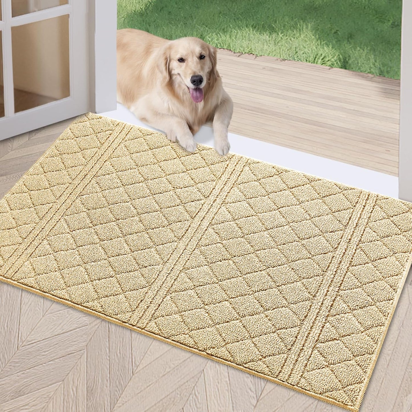 REFETONE Indoor Doormat, Front Back Door Mat 24"x36" Absorbent Rubber Backing Non Slip Door Mats, Low-Profile Resist Dirt Entrance Rugs, Machine Washable Door Rug Inside Floor Mat for Entryway, Golden