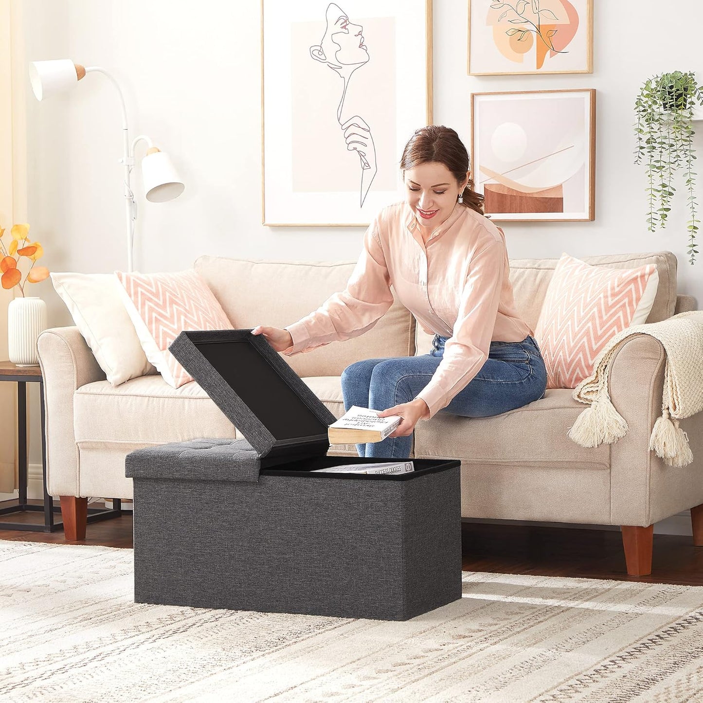 SONGMICS MAZIE Collection - 30 Inches Storage Ottoman, Foldable Storage Bench with Flipping Lid, 660 lb Load Capacity, for Entryway, Living Room, Bedroom, Dark Gray ULSF46GYZ