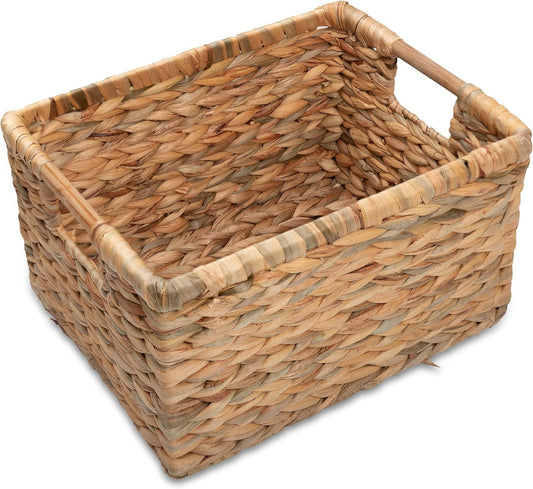 VATIMA Large Rectangular Wicker Basket with Wooden Handles for Shelves and Storage - Natural Water Hyacinth Basket for Organizing, 14.5 x 10.3 x 7.5 inches