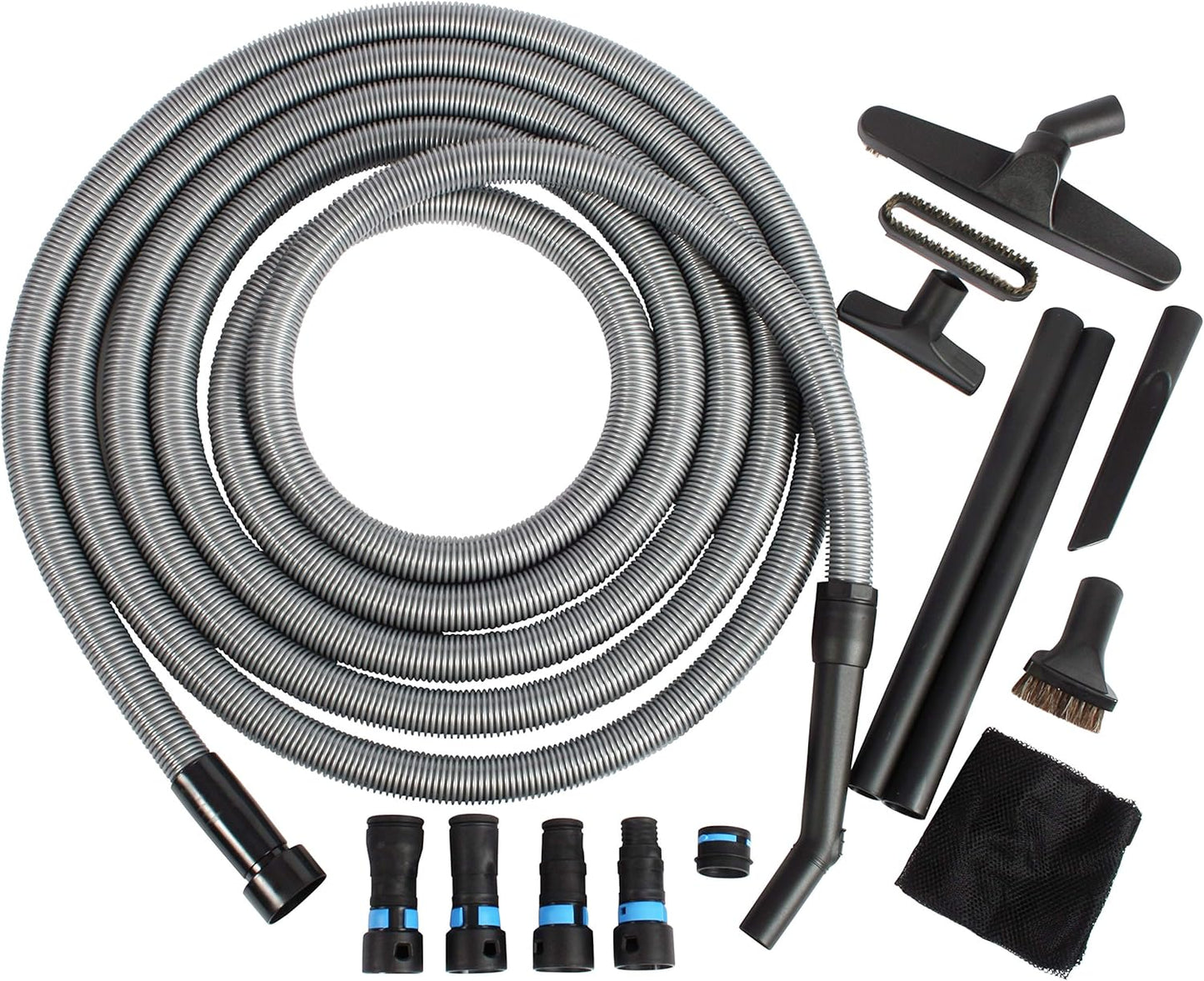 Cen-Tec Systems 95292 30 Ft. Home and Shop Vacuum Hose with Expanded Multi-Brand Power Tool Dust Collection Adapter Set and Full Attachment Kit, Black, 30 Ft. Hose