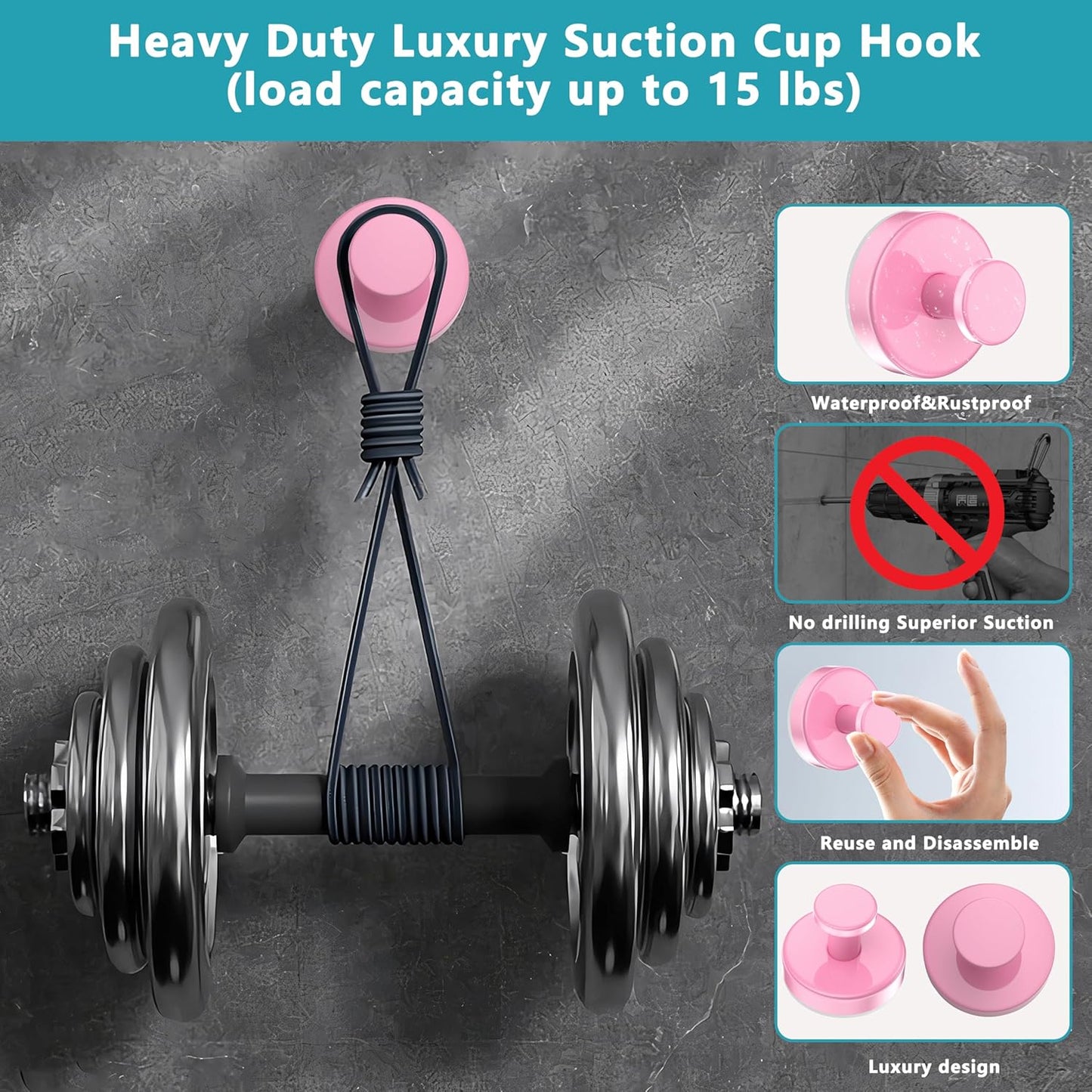 Suction Cup Hooks for Shower,Removable No Drill Towel Hooks,Upgraded 15 lbs Strong Suction hooks for Bathroom Tile,Shower Wall,Glass Door,Kitchen-Loofah,Coat,Stainless Waterproof-Pink 4 Pcs