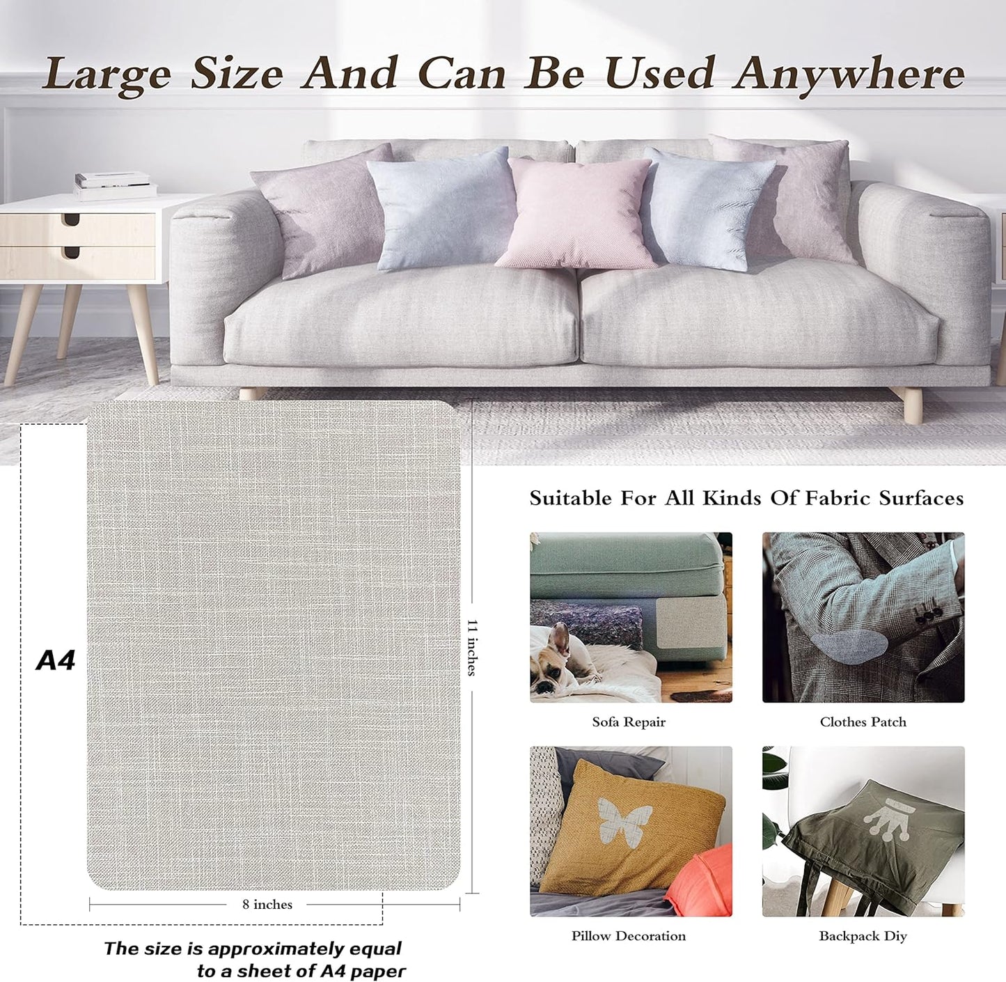 Fine Linen Repair Patches,Self-Adhesive Linen Fabric Patches,8X11 inch 2 PCS,Multi Color, Can be Used for Linen Sofa Repair and Linen Clothes Repair(8" x 11"-2PCS,Cream-Gray 2.0)