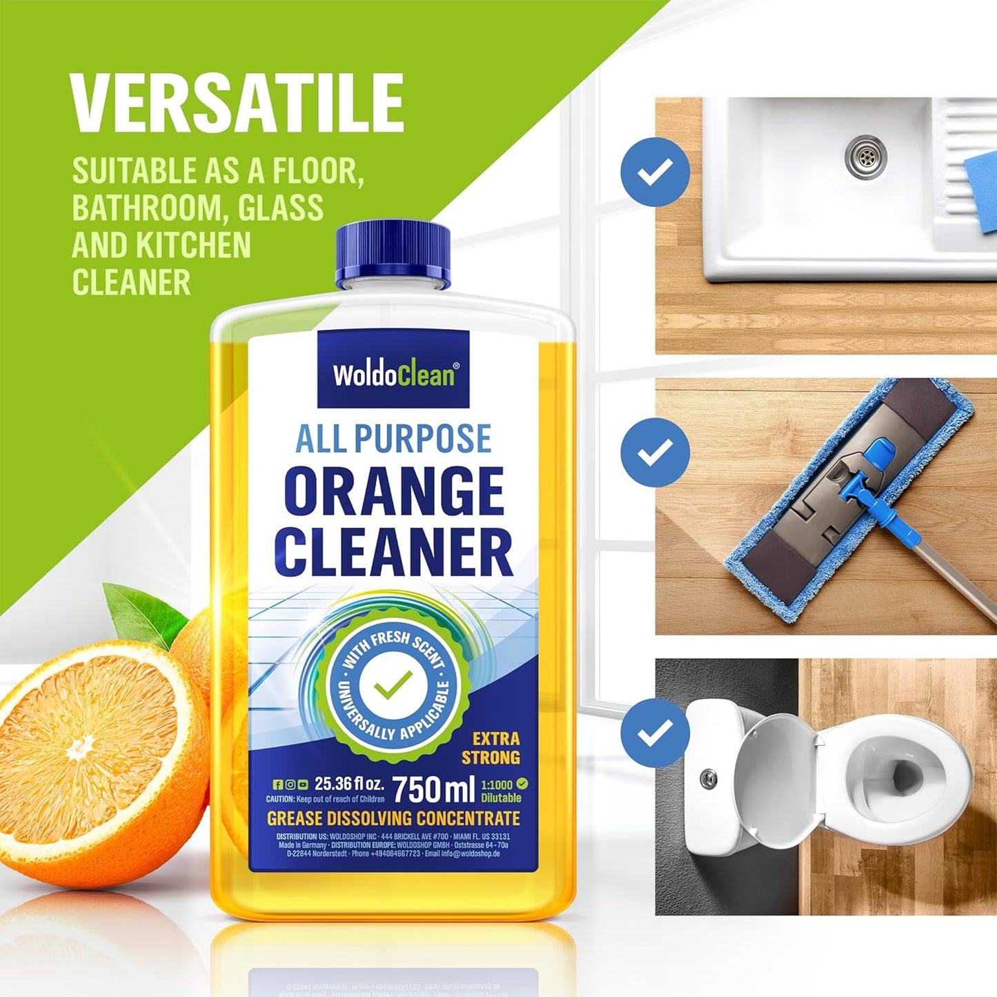 WoldoClean Orange Oil Cleaner Concentrated 25.36 fl oz (1 : 1000) - makes up to 200 Gallons Multi-Use Adhesive & Grease Remover, Custom-Dilution Citrus Degreaser for Floors, Kitchen & Bath