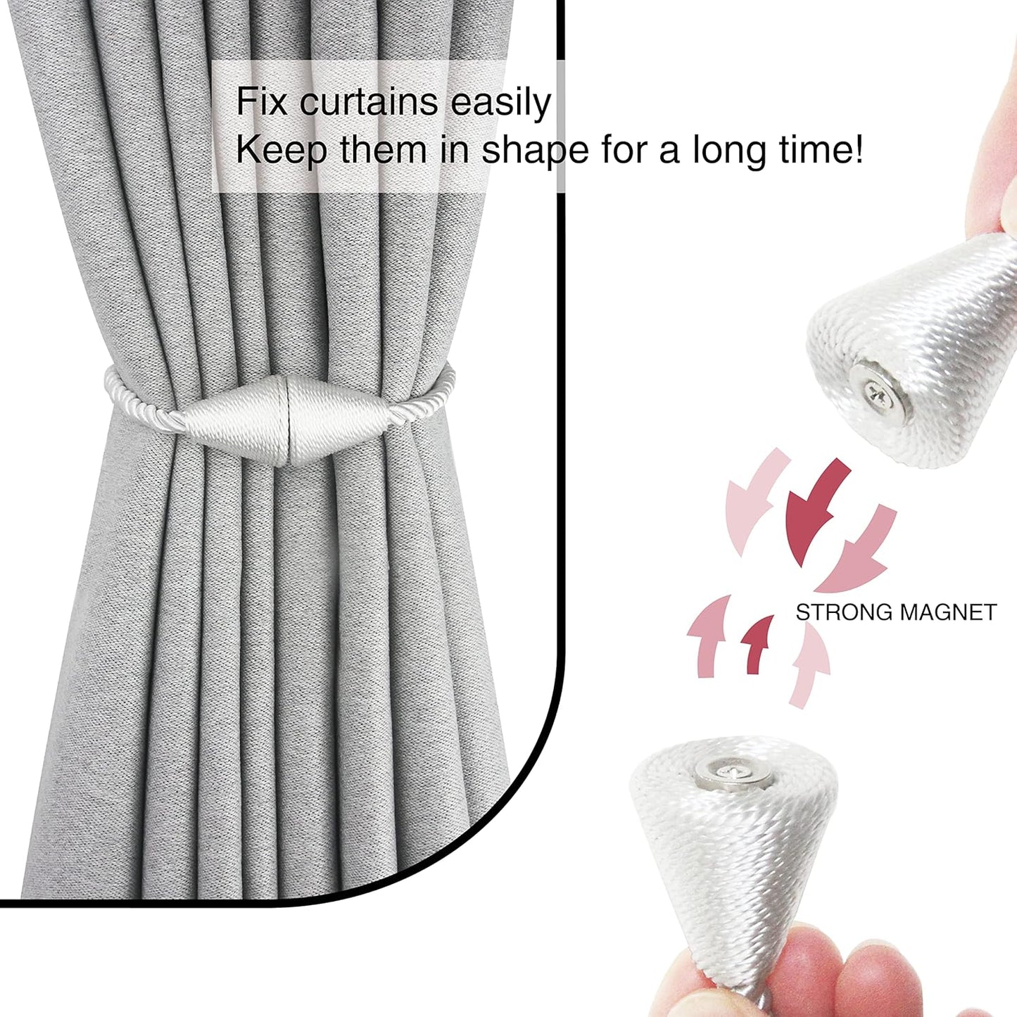 4 Pack Magnetic Curtain Tiebacks Rope Modern Handmade Curtain Tie Backs Decorative Drapes Weave Holdbacks for Window Décor, Silver