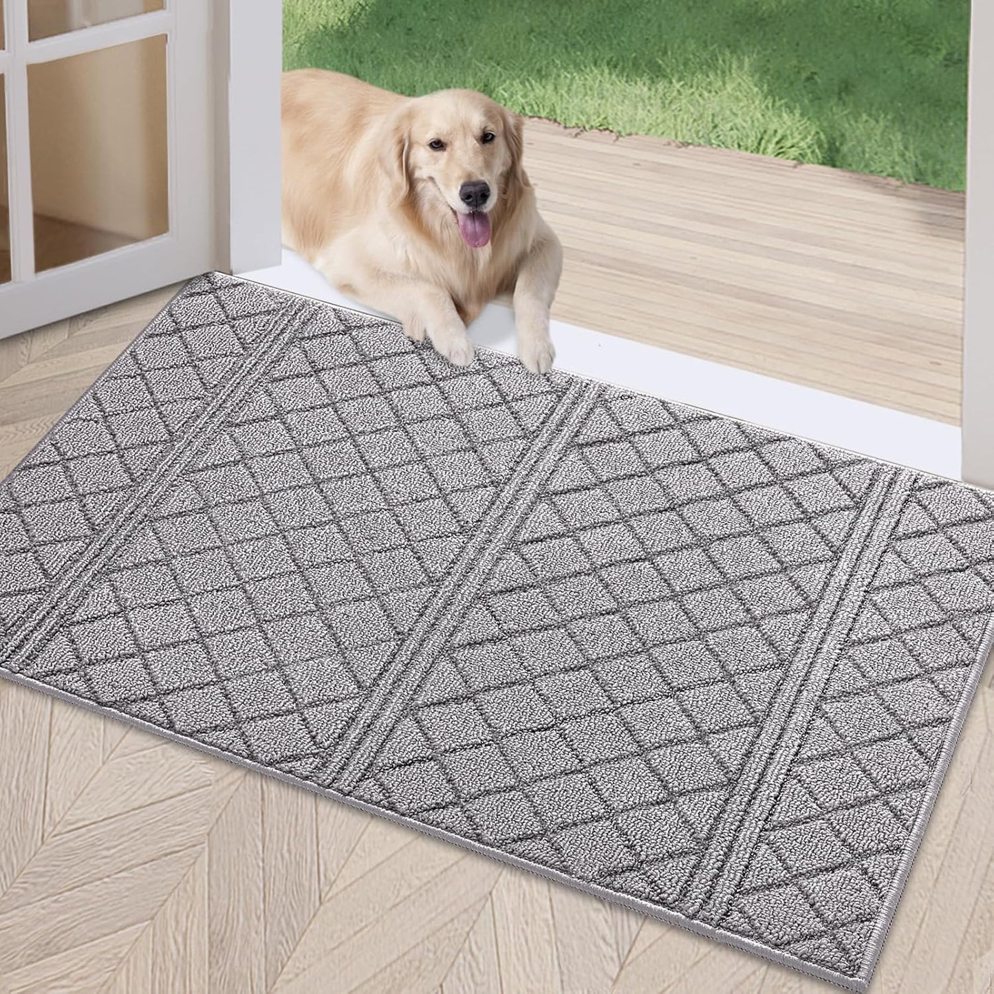 REFETONE Indoor Doormat, Front Back Door Mat 24"x36" Absorbent Rubber Backing Non Slip Door Mats, Low-Profile Resist Dirt Rugs, Machine Washable Door Rug Inside Floor Mat for Entryway, Light Grey
