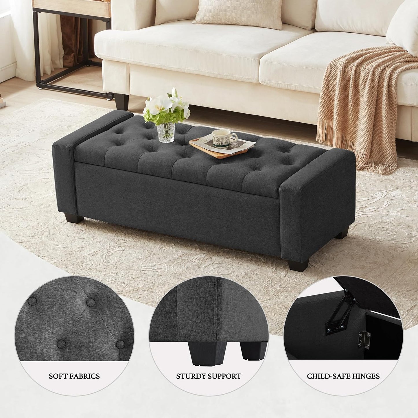 48" Ottoman with Storage, Storage Ottoman Bench with Safety Hinge, Upholstered Entryway Bench with Seating for Bedroom, Living Room, Holds up to 330 lb, Dark Gray