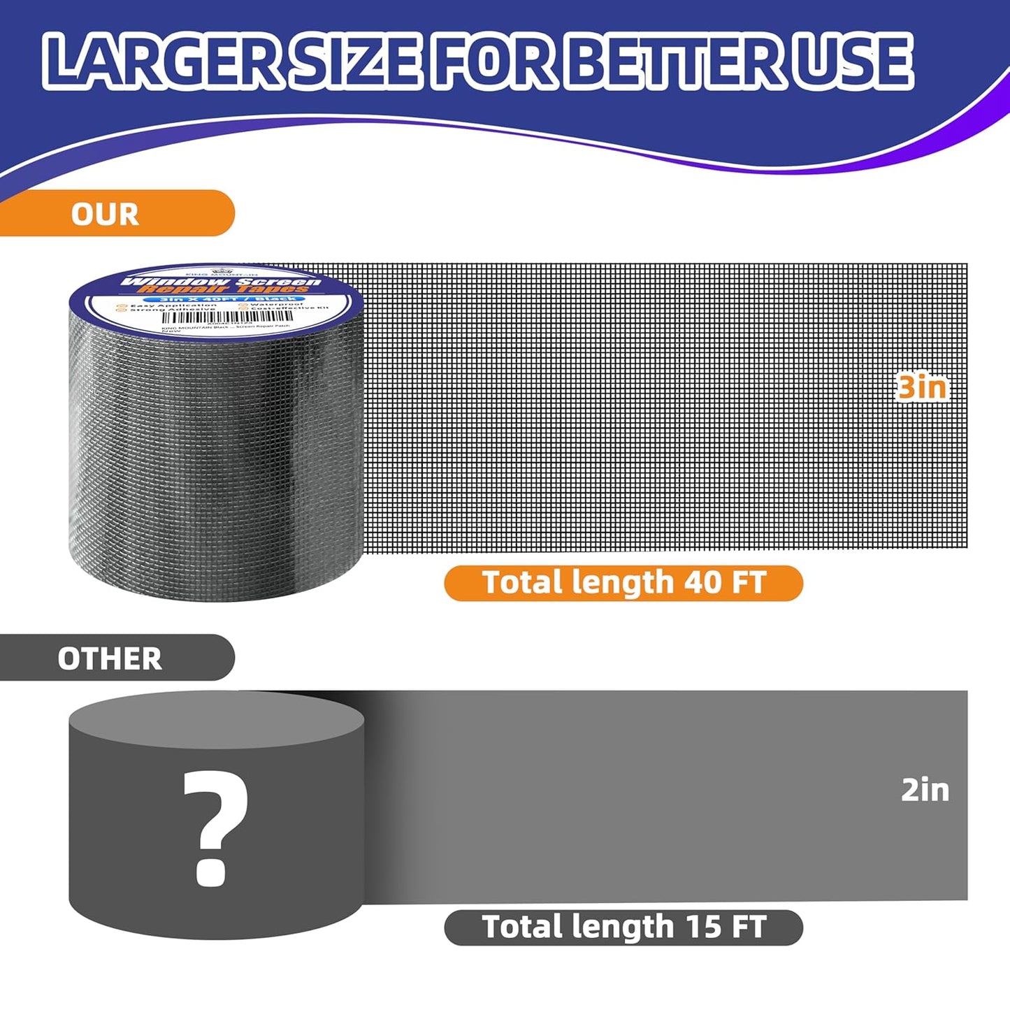 KING MOUNTAIN Black Window Screen Repair Tape,3inX40FT Heavy Duty Screen Repair Kit for Window Screen and Screen Door Tears Holes,Strong Adhesive & Waterproof Window Screen Patch